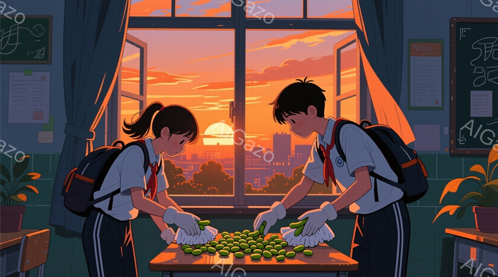 制服を着た男女の学生が教室で豆を摘んでいる。女の子は黒髪をポニーテールにし、真剣な表情で豆を選んでいる。背景には夕焼け空と街並みが広がり、穏やかでノスタルジックな雰囲気が漂っている。