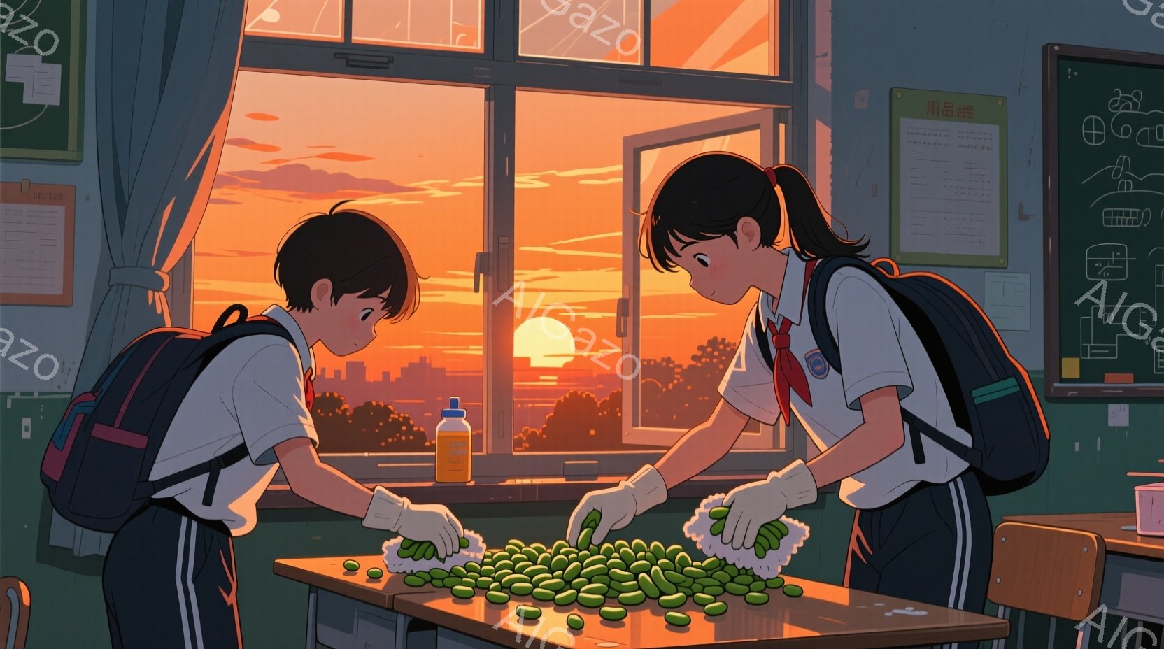 少年と少女は、窓から差し込む夕焼けを背景に、テーブルの上で豆を数えている。制服姿の二人は、白い手袋を着用し、真剣な表情で作業に取り組んでいる。背景には、夕焼けに染まる街並みが広がり、教室の黒板や机がシ - AI生成フリー素材