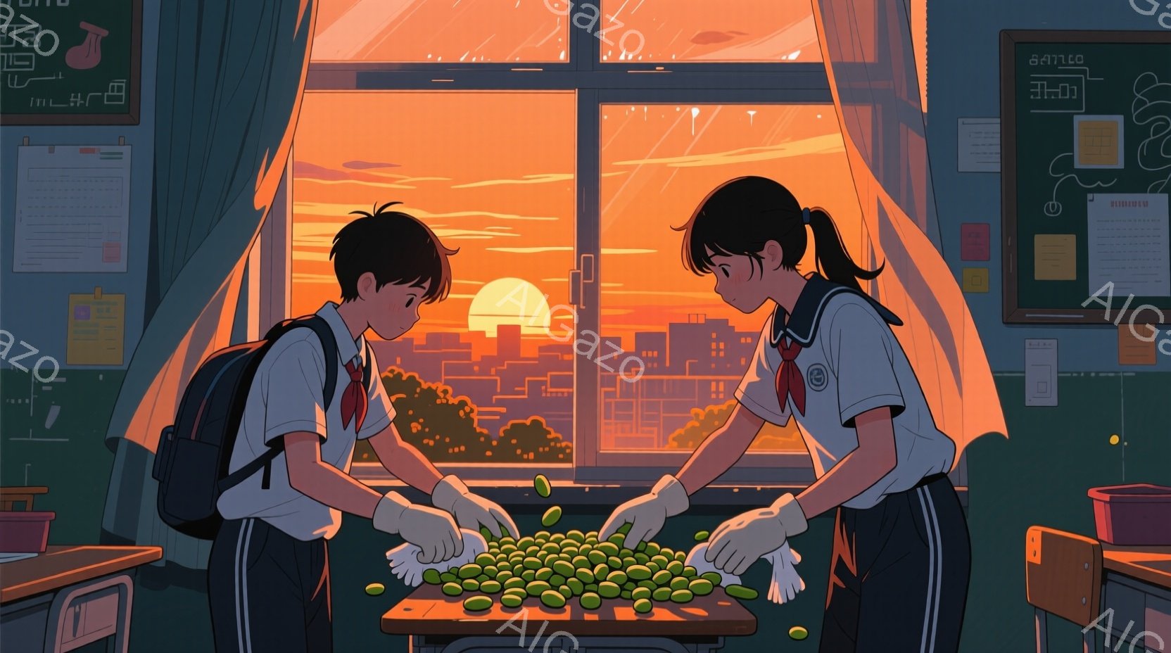 教室で、制服を着た少年と少女が机に向かい、緑色の豆を手に分ける作業をしている。夕焼け空と街並みが窓から差し込み、温かくノスタルジックな雰囲気を醸し出している。少年は黒髪で、少女は三つ編みで、互いに集中しながらもどこか穏やかな表情を浮かべている。