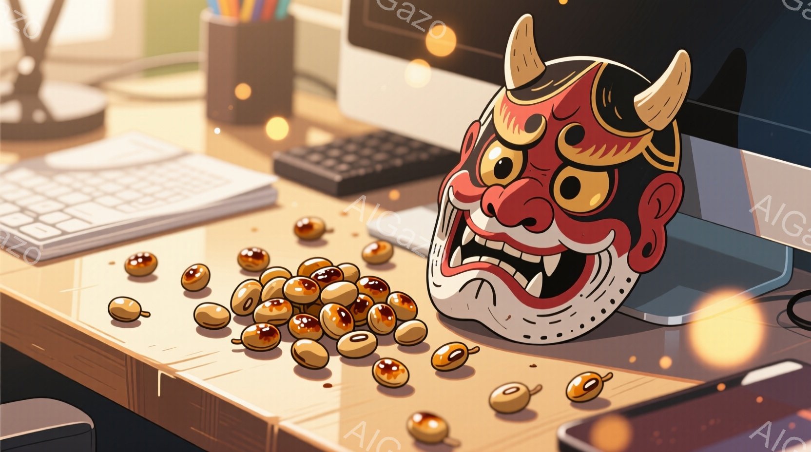 机の上に、赤色の鬼の面とたくさんの豆が散らばっている。背景には、パソコンのモニターやキーボードが見え、明るい光が差し込んでおり、どこかお祝いや節分を連想させるような温かい雰囲気である。全体的に、伝統的な要素と現代的なガジェットが組み合わさった、ユニークで趣のある構図となっている。