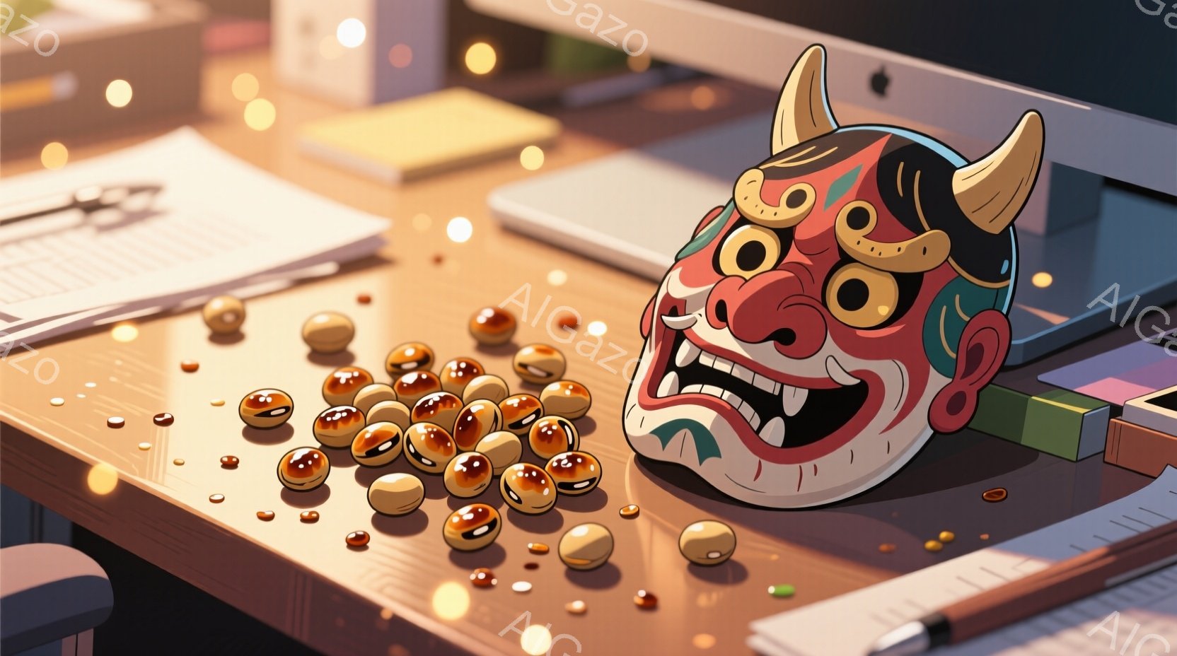 木の机の上に、カラフルな豆のようなものが散らばり、日本の伝統的な鬼のお面が置かれています。背景にはぼやけた書類や電子機器が見え、暖色系の光が全体を照らし、どこか懐かしい雰囲気を醸し出しています。全体的に、お祭りや伝統文化を連想させる、趣のある静物画です。