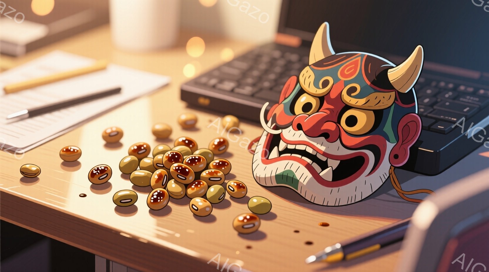 机の上に、カラフルな鬼のお面とたくさんの豆が散らばっています。背景にはキーボードとペン、メモ用紙が見え、室内が暖かく照らされています。全体的に、お祭りや伝統的な行事を連想させる、賑やかで温かい雰囲気です。