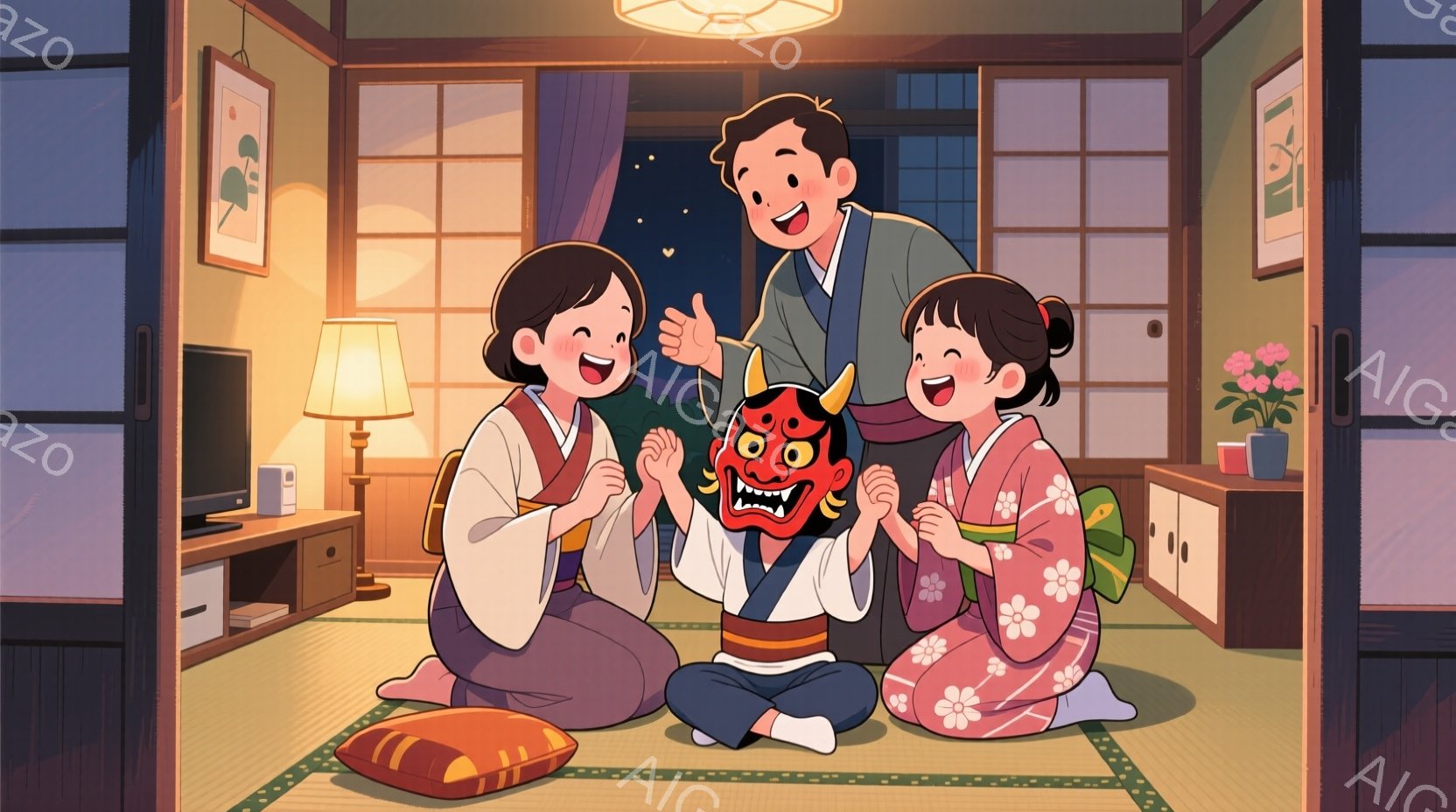 畳の部屋に、若い女性と若い男性、そして二人の幼い子供たちが座っています。女性と子供たちは華やかな花柄の浴衣を着ており、男性はシンプルな藍色の着物姿です。背景には、襖と障子、そして夜空が見え、温かく穏や - AI生成フリー素材