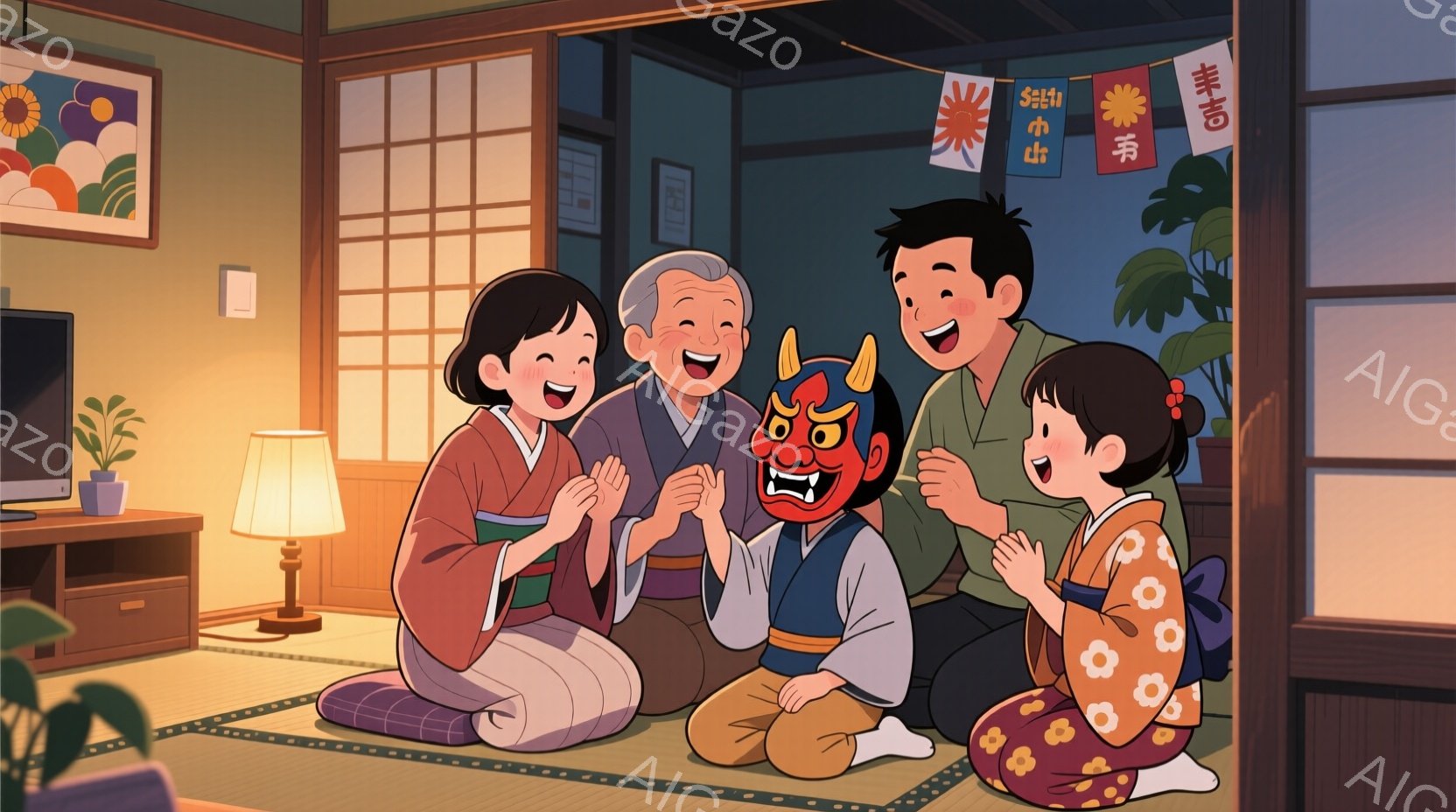 畳の部屋で、家族が揃って楽しそうにしている様子が描かれています。少年は鬼の面を被り、他の家族（おじいちゃん、お母さん、妹）は彼を見て笑顔で手を叩いています。背景には日本の伝統的な掛け軸や植物が飾られ、 - AI生成フリー素材