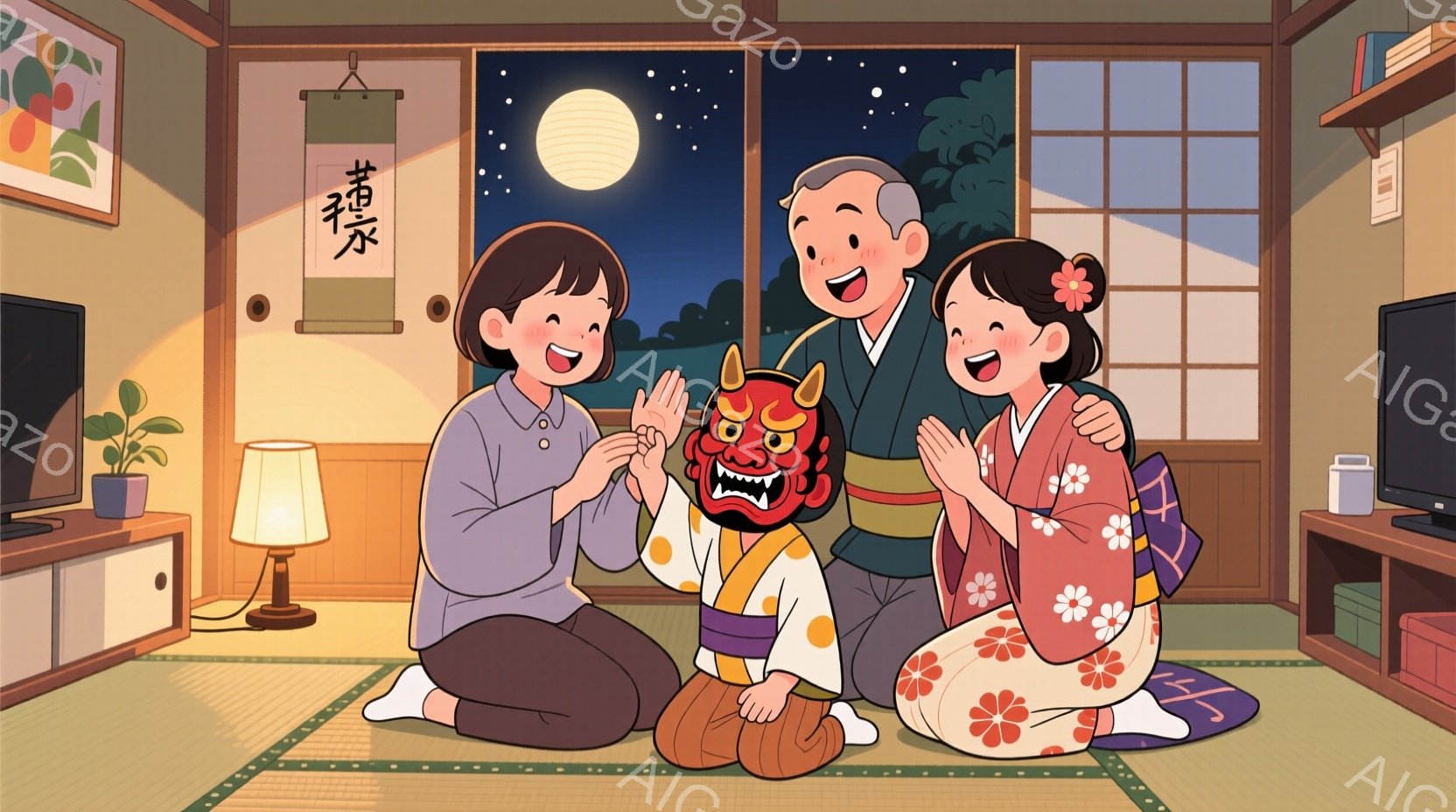 畳の部屋で、若い女性と年配の男性、そして幼い少女が笑い合っています。女性は紫色のシャツに黒いズボン、男性は伝統的な着物、少女はピンク色の着物に花柄の髪飾りをつけています。背景には障子や日本の風景が見え - AI生成フリー素材