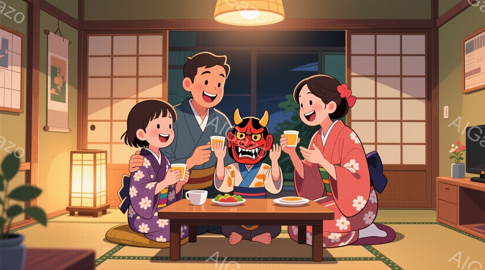 畳の部屋で、家族が円座になってお茶を飲んでいます。娘はピンク色の花柄の浴衣を着て、母親は同じ柄の浴衣を着、父親は藍色の着物を着ています。部屋には提灯や花が飾られ、テーブルの上にはお茶と軽食が並び、温か - AI生成フリー素材