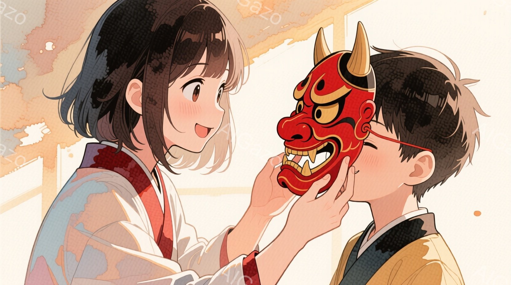 少女は白い着物に赤い帯を締めており、黒髪を肩まで伸ばしたヘアスタイルです。彼女は微笑んでおり、男の子の顔に赤色の鬼の面をかぶせようとしています。背景は暖色系のグラデーションで、柔らかな光が差し込み、お祭りやイベントの温かい雰囲気を醸し出しています。