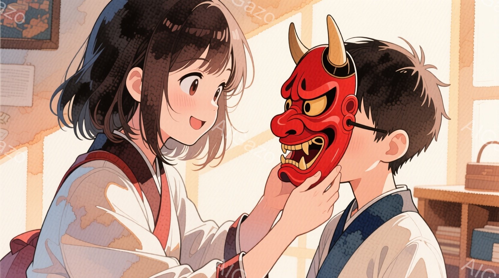 女の子と男の子が写っています。女の子は肩まである黒髪で、白い襟と赤いアクセントのあるベージュ色の服を着ています。男の子は眼鏡をかけ、紺色のセーターと白いシャツを着て、赤い鬼の面を顔の横に持っています。