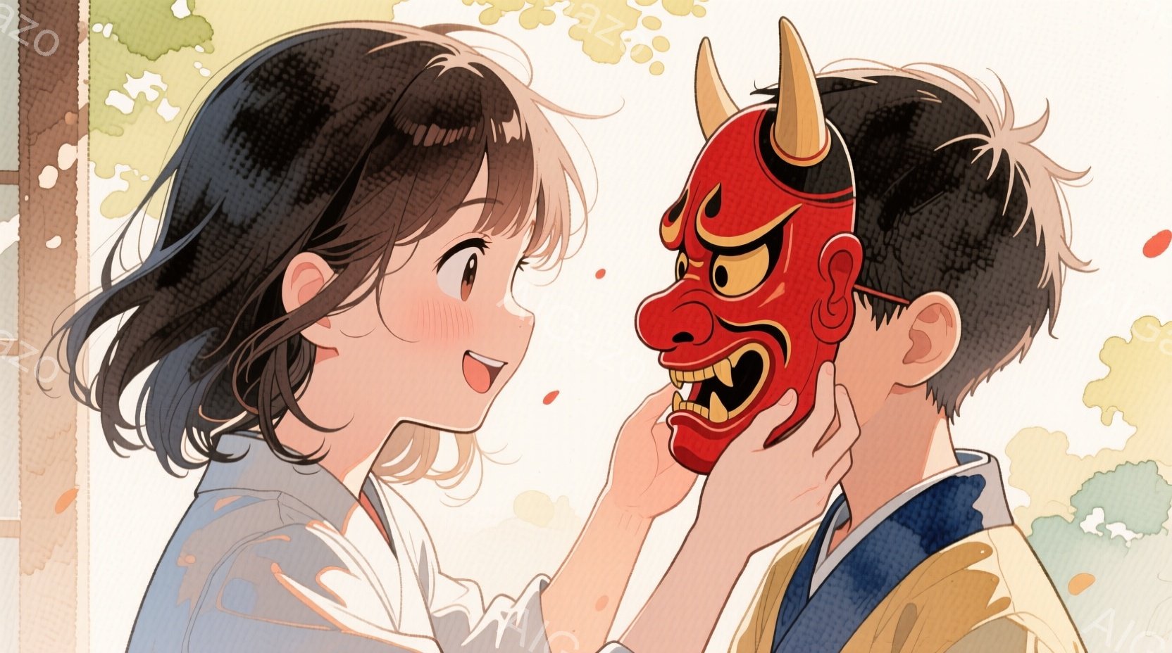 茶色の巻き髪の少女と、狐のお面を顔に近づけようとしている少年が描かれています。少女は白い着物を着ており、嬉しそうな表情で少年を見つめています。背景には伝統的な日本の建物と、ぼんやりとした自然が見え、全 - AI生成フリー素材