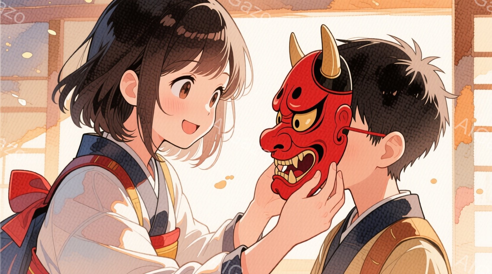 着物を着た少女と、制服を着た少年が描かれています。少女は明るい笑顔で、赤いリボンと結んだ髪、そして優しい表情をしています。少年は鬼の面を持ち、面を少女に見せるように差し出しており、背景にはぼやけた建物が見え、お祭りやイベントが行われているような賑やかな雰囲気が感じられます。