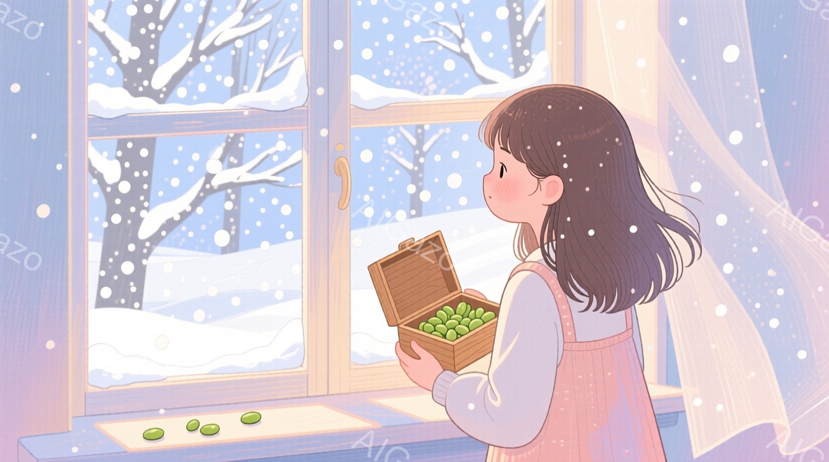 少女は窓辺に立ち、手に小さな木箱を持っています。箱の中には緑色の豆が入っており、彼女は窓の外の雪景色を眺めています。彼女はピンク色のワンピースを着ており、茶色のボブヘアで、頬を赤らめています。