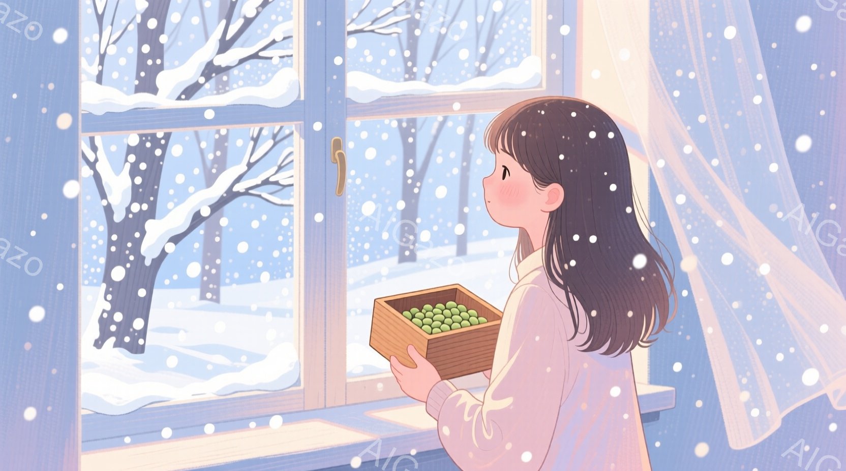 茶髪の少女が窓辺に立ち、小さな木箱を手に持っています。彼女は白いセーターを着ており、髪は肩まで伸びて少しカールしています。窓の外は雪景色で、遠くには木々が見え、静かで穏やかな冬の雰囲気が漂っています。