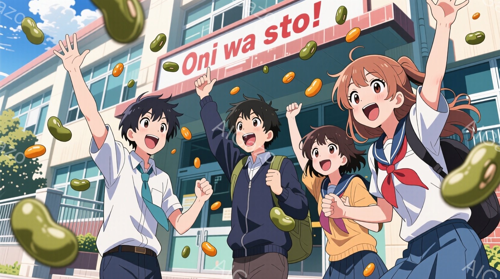 制服を着た若い男女が描かれています。彼らは皆、空中に舞う緑色の豆を見上げて歓喜しており、明るい表情と躍動感のあるポーズで喜びを表現しています。背景には学校の建物が見え、晴れた空と緑豊かな木々が、このシーンに活気と楽しさを添えています。
