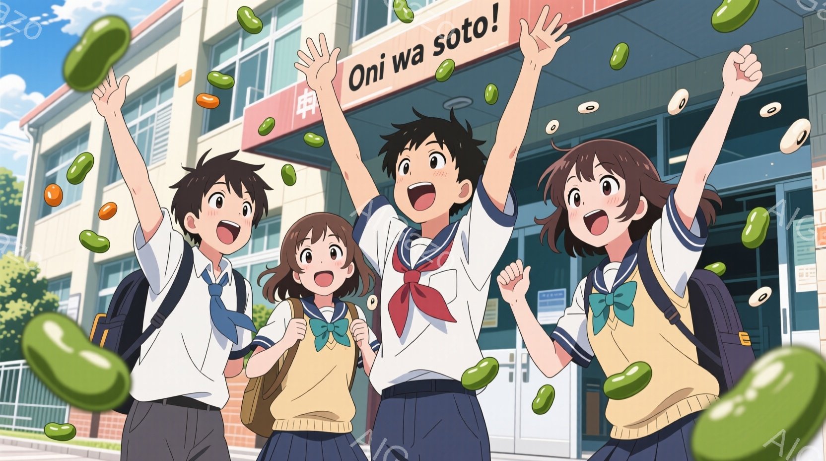 制服を着た男女の学生たちが描かれており、全員が満面の笑みを浮かべて両手を高く上げています。背景には学校の建物と青空、そして空中に散らばる緑色の豆が見られ、躍動感と明るい雰囲気が漂っています。この場面は、学校行事やスポーツイベントなど、何かを祝う喜びに満ちた瞬間を捉えているようです。