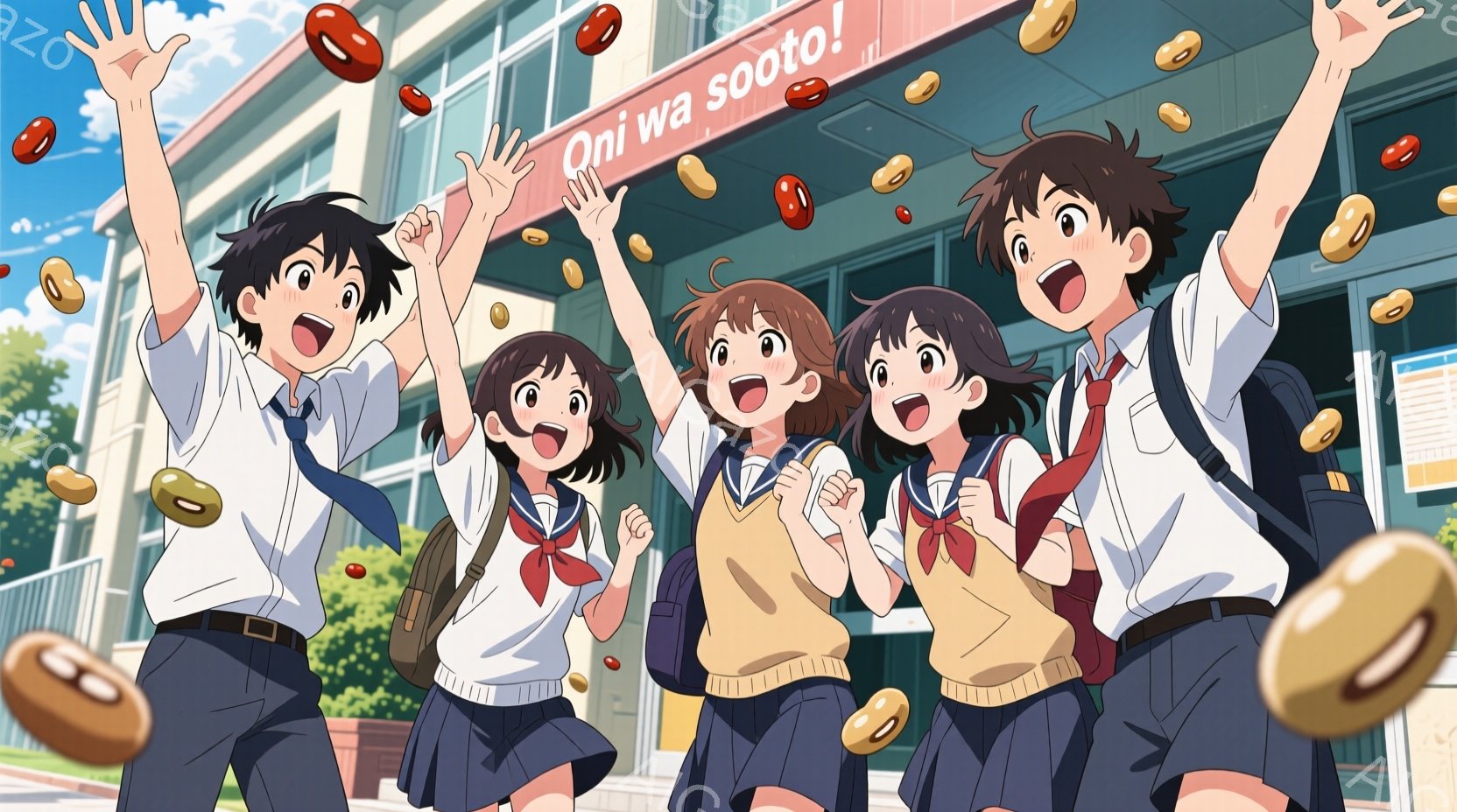 制服を着た男女のグループが、空から降る大きな豆を嬉しそうに両手を広げて迎えています。彼らは皆、白いシャツに濃い色のスカートやズボン、赤いネクタイ、そしてリュックサックを背負っており、活発な表情をしています。背景には学校の建物が見え、晴天の下、豆が飛び交う陽気な雰囲気が漂っています。