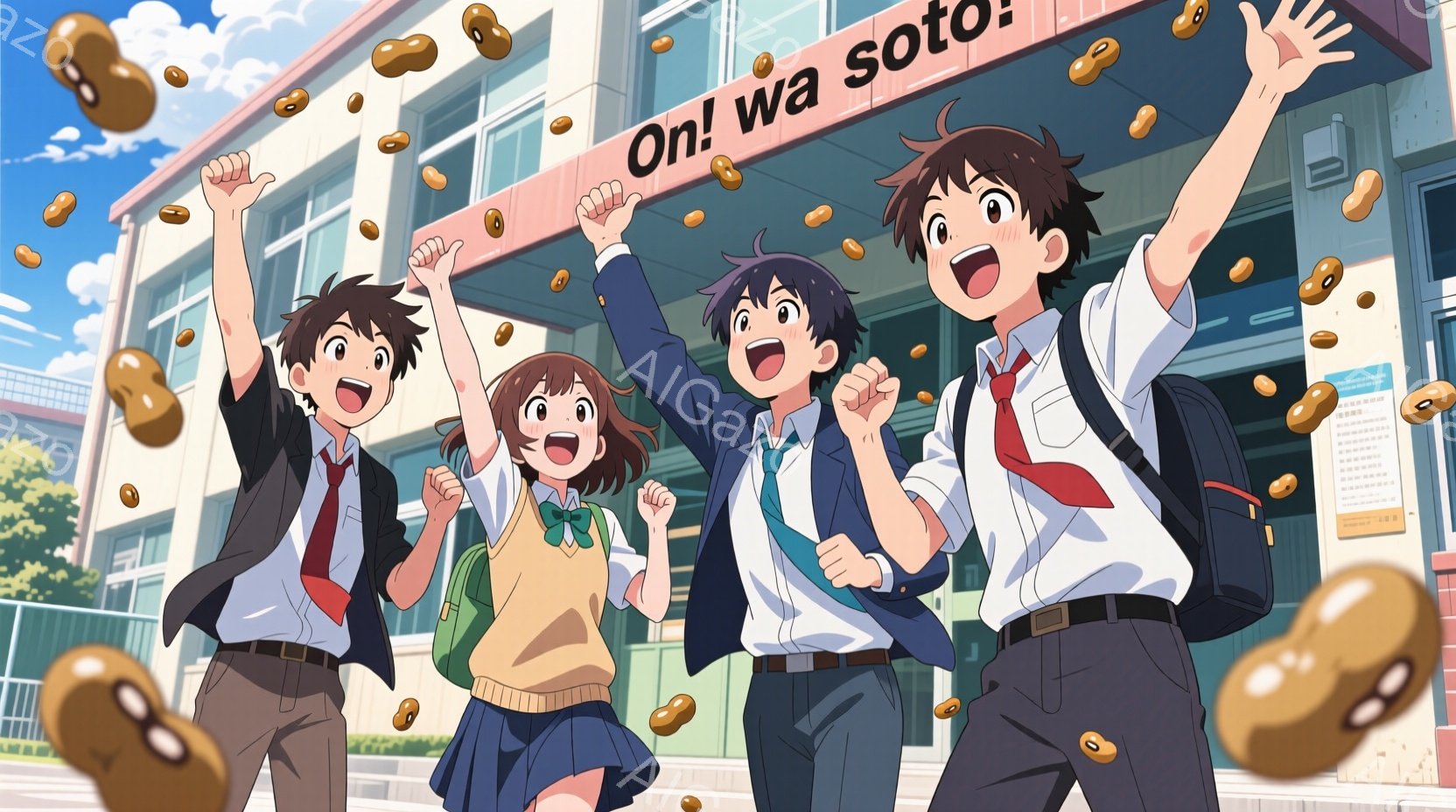 制服を着た3人の高校生が描かれており、空から豆が降ってきています。彼らは皆、腕を上げて喜び、興奮した表情をしています。背景には、学校の建物が見え、青空と白い雲が広がっており、全体的に明るく、活気のある雰囲気です。