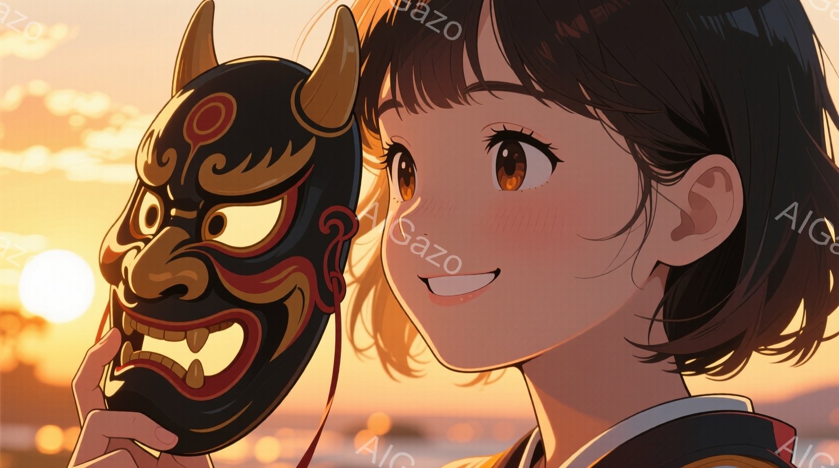 明るい夕焼けを背景に、茶色の巻き髪の少女が狐の面を持っている。彼女は笑顔で、面を少し横に傾けて見つめている。背景には海が見え、全体的に温かく、穏やかな雰囲気が漂っている。