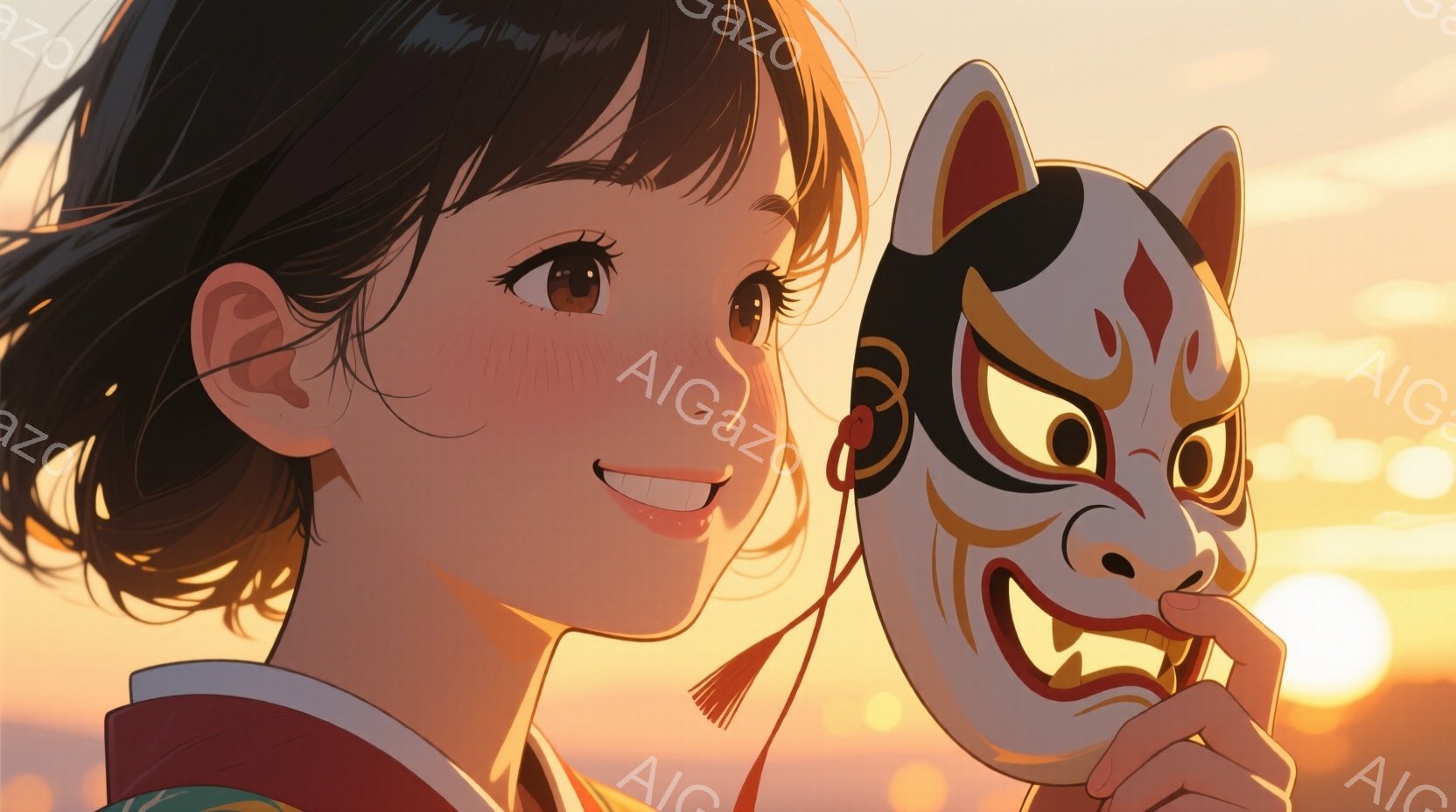 短い黒髪を無造作にまとめ、頬は薄いピンク色に染まった少女が、狐の面を手に微笑んでいる。緑と赤の縁取りのある洋服を着ており、背景には夕焼け空とぼんやりとした街並みが広がり、どこか懐かしい温かい雰囲気を醸 - AI生成フリー素材