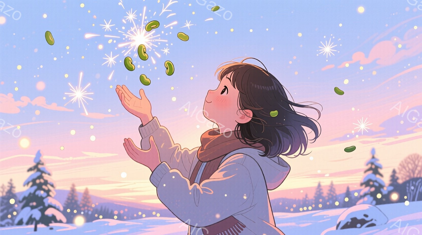 長い黒髪を風になびかせ、白いパーカーとスカーフを身につけた若い女性が、雪が降る中、両手を広げて雪片や小さな光の粒子をキャッチしようとしている。彼女は頬を赤らめ、穏やかな笑顔を浮かべており、背景には雪に覆われた針葉樹林と、夕焼けのような淡いピンクとオレンジ色の空が広がっている。 全体的に暖かく、穏やかで、幻想的な雰囲気が漂っている。