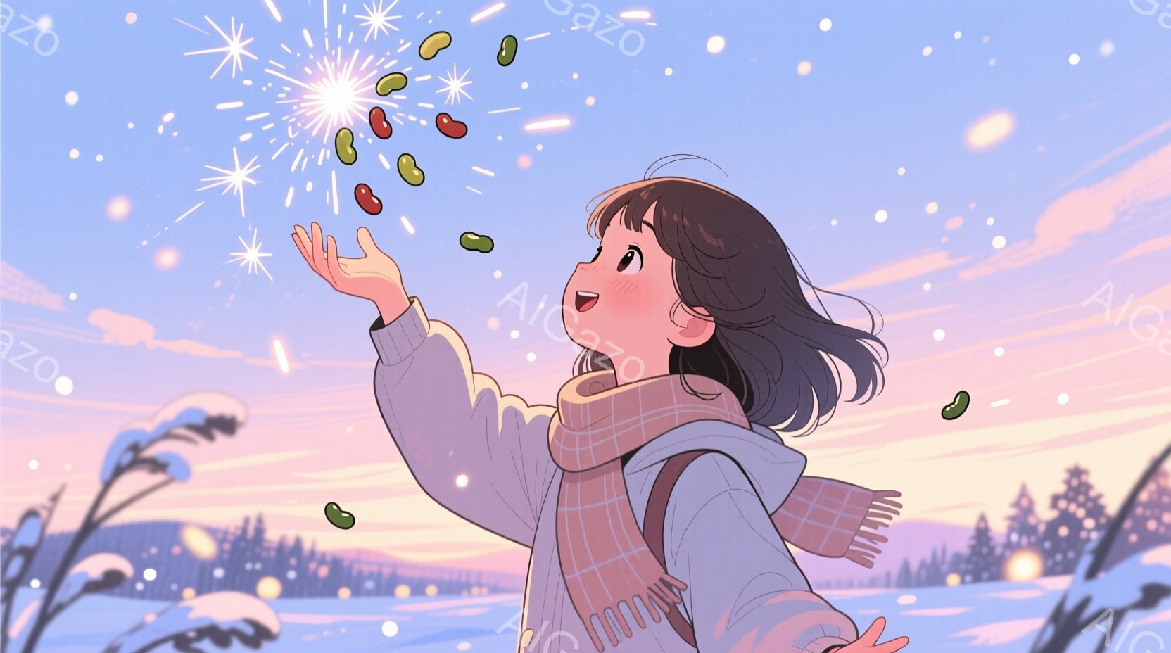 長い黒髪の少女が、雪が舞う中で空を見上げています。彼女はピンク色のマフラーを首に巻き、白いコートを着ており、楽しそうな表情で空から降る小さな光の粒（豆のようにも見える）に手を伸ばしています。背景には雪に覆われた木々や、夕焼け空が広がり、暖かく幻想的な雰囲気が漂っています。