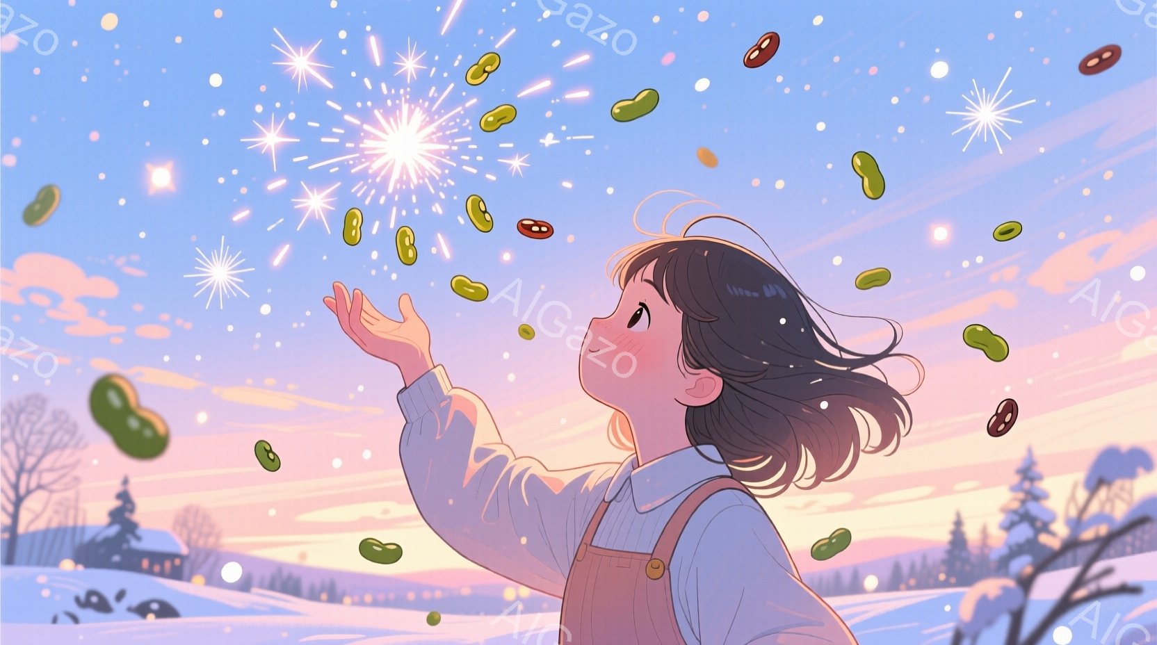 長い黒髪をなびかせ、ピンク色のオーバーオールを着た少女が、空から降る小さな豆のような物体を両手で受けようとしています。背景には雪景色が広がり、遠くに屋根の見える家々と、雪をまとった木々が描かれています。夕焼けのような空の色と、降り注ぐ豆のファンタジックな光景が、暖かく、どこか懐かしい雰囲気を醸し出しています。
