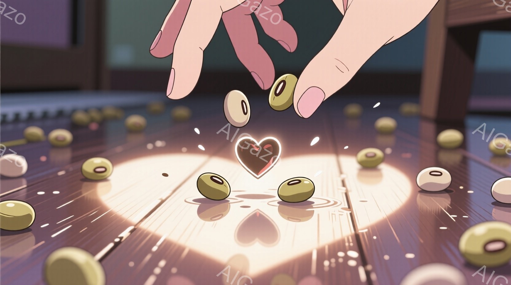 木製の床に散らばった茶色い豆の上に、ピンク色の爪をした手が豆を落としている様子を描いています。豆の中心には光り輝くハート型の光があり、周囲に小さな光の粒子が舞い上がっています。背景はぼやけていますが、畳の部屋の一部のようであり、全体的に暖かく、優しい雰囲気です。