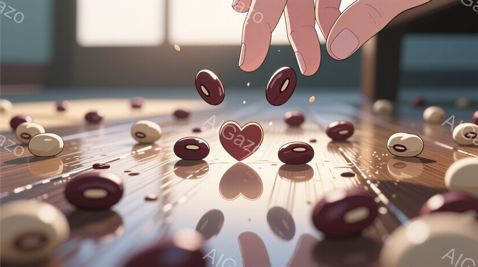 滑らかな木製の床に、赤身を帯びた茶色の豆が散らばり、その中心にはハート型の赤いオブジェクトが輝いている。上から手が伸びてきて、豆を少しずつ落としている様子が捉えられている。背景は明るく、暖かく、全体的に穏やかで優しい雰囲気である。