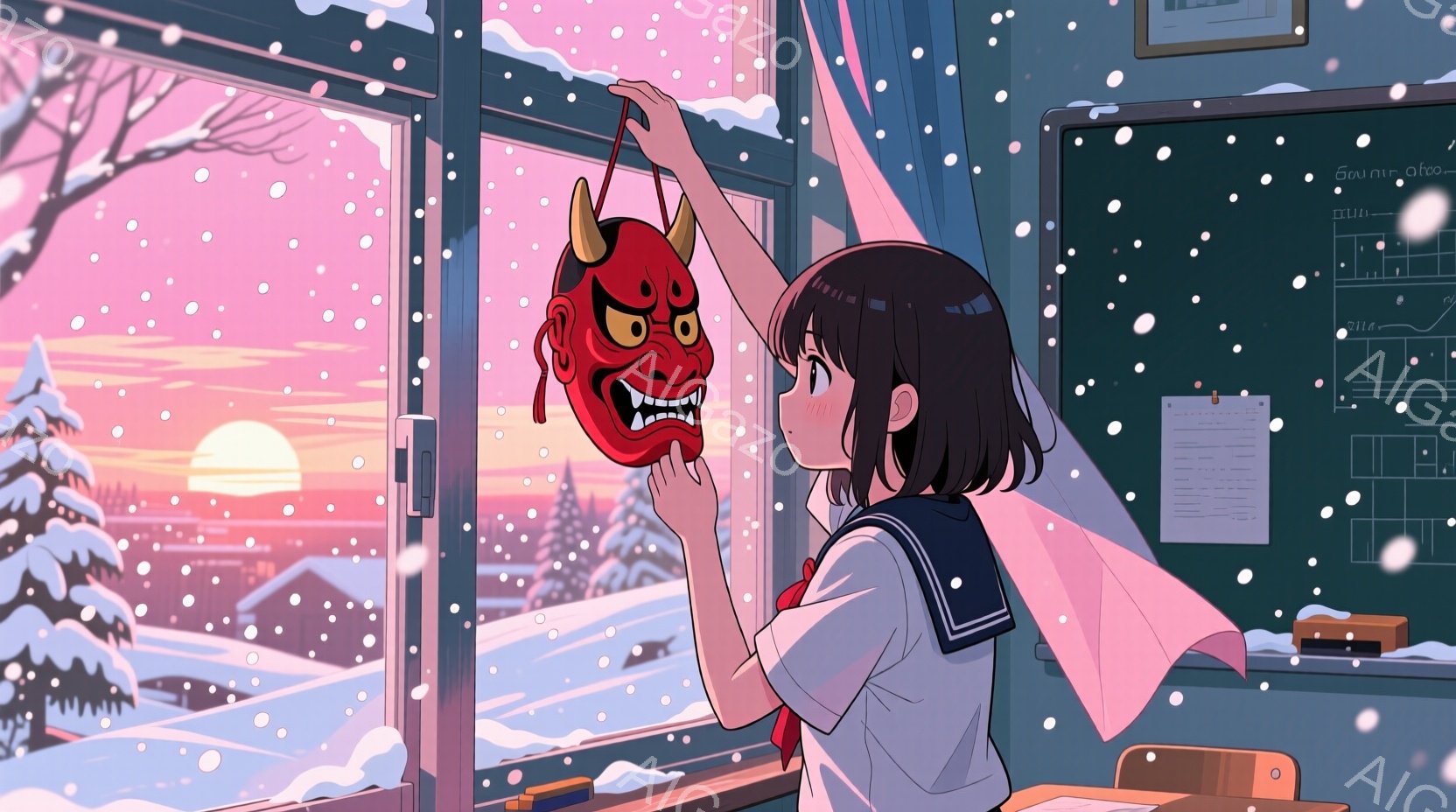 雪が降る冬の教室で、少女が天窓から差し込む光を見つめながら、赤い鬼の面を手に持っています。彼女は紺色のセーラー服を着ており、髪は肩までの長さで、前髪は少しカールしています。教室には机と椅子が並び、窓の外には雪景色が広がっており、静かで物憂げな雰囲気が漂っています。
