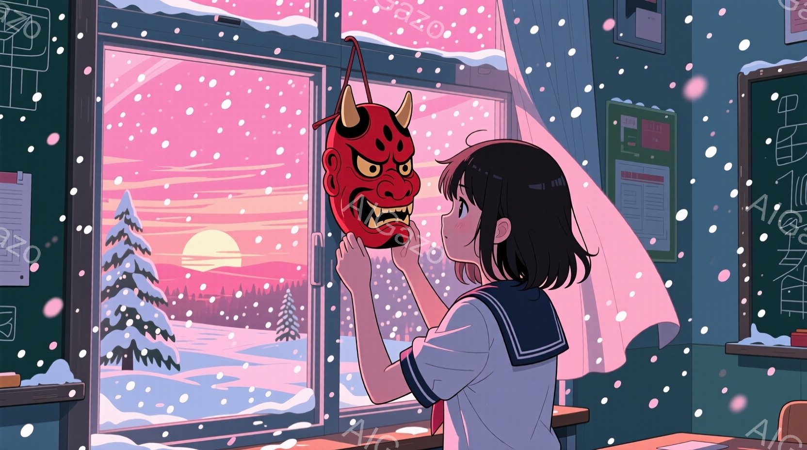 暗い髪の少女が窓際に立っており、赤い鬼の面を手に持っています。彼女はセーラー服を着ており、少し物憂げな表情で遠くを見つめています。背景には雪景色が広がり、夕焼け空が美しく、どこか寂しげで幻想的な雰囲気を醸し出しています。