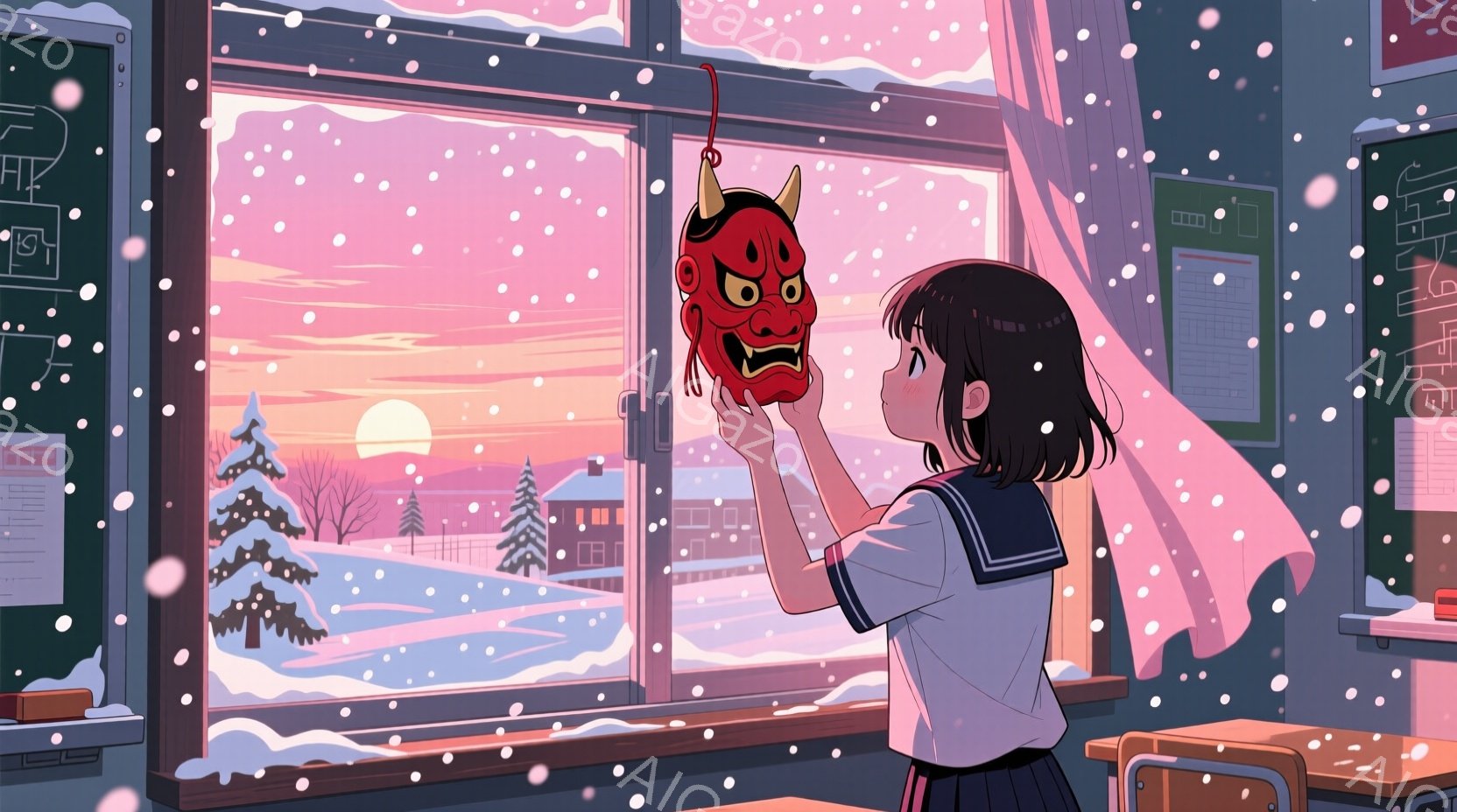 少女は教室の窓辺に立ち、赤い鬼の面を見上げています。彼女はセーラー服を着ており、黒い髪は肩まで伸びています。背景には雪景色が広がり、遠くには家々と木々が見え、空は夕焼けのようなピンク色に染まっています。