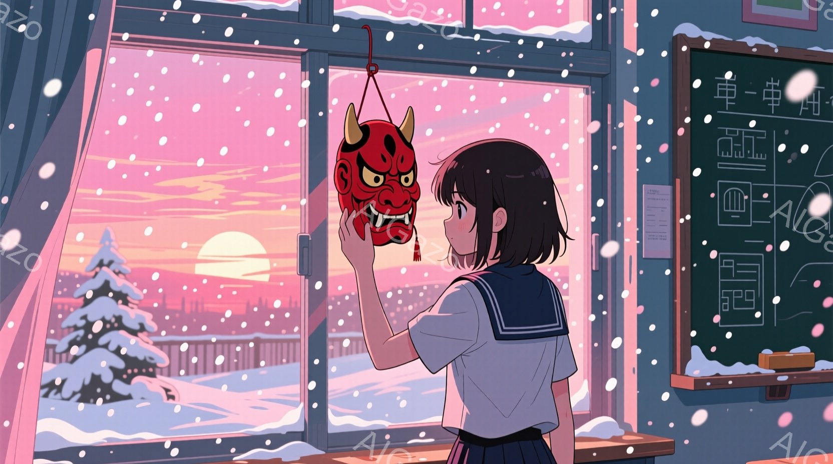 少女は学校の窓辺で、赤い鬼の面を見つめています。彼女はセーラー服を着ており、黒髪を肩まで伸ばした姿は少し物憂げです。窓の外は雪景色で、夕焼けが空を赤く染め、全体的に静かでどこか寂しげな雰囲気が漂っています。