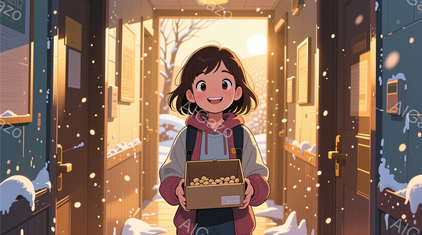 少女は赤いセーターとクリーム色のパーカーを着て、デニムのスカートを履いています。彼女は両手に段ボール箱を持って微笑んでおり、髪は茶色で肩のあたりで切り揃えられています。背景には雪が降り積もり、木々が並ぶ静かな通りが見え、暖かく、冬の日の穏やかな雰囲気が漂っています。