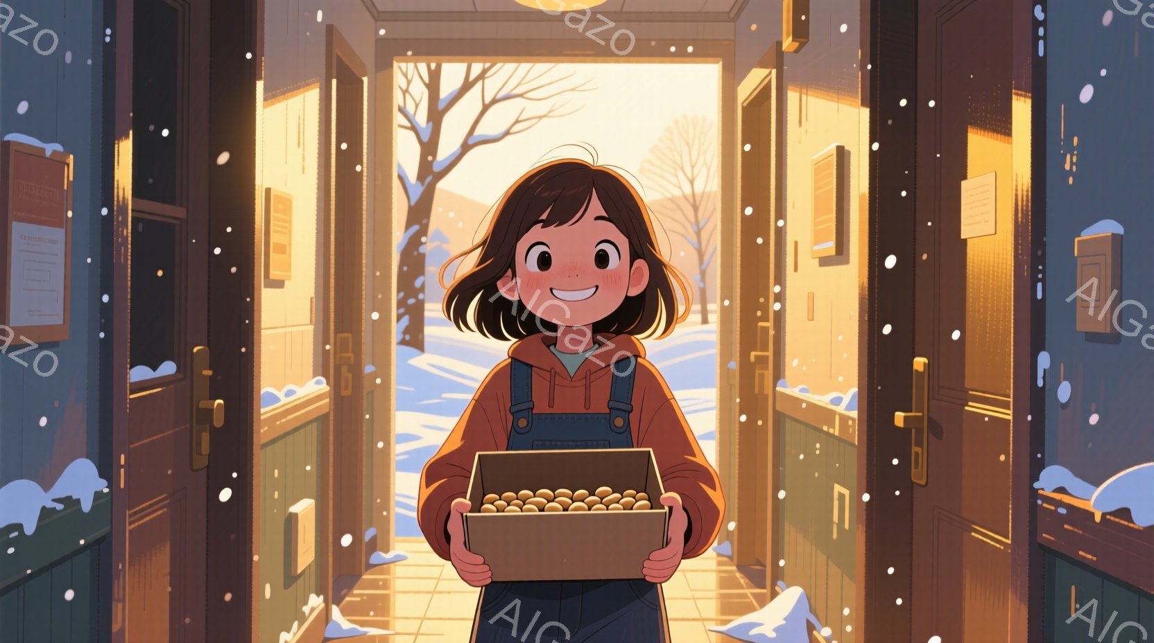 女の子はオレンジ色のオーバーオールに身を包み、肩にかかる茶色の髪をしています。彼女は両手で小さな段ボール箱を持ち、中には丸い何かがたくさん入っています。背景は雪景色で、彼女は家のドアから外を見ており、 - AI生成フリー素材