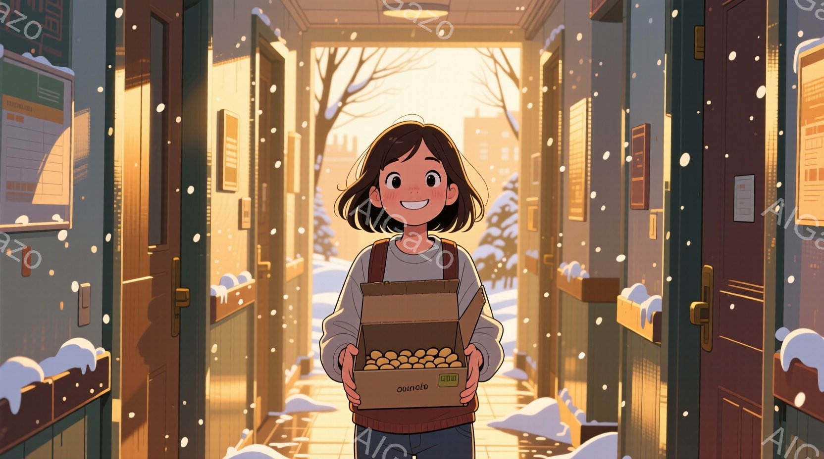 茶髪の短い髪型をした少女が、段ボール箱を抱えて立っています。彼女は薄い水色のセーターを着ており、顔には明るい笑顔が浮かんでいます。背景にはレンガ造りの建物と雪が舞う冬の景色が広がり、全体的に温かく穏や - AI生成フリー素材
