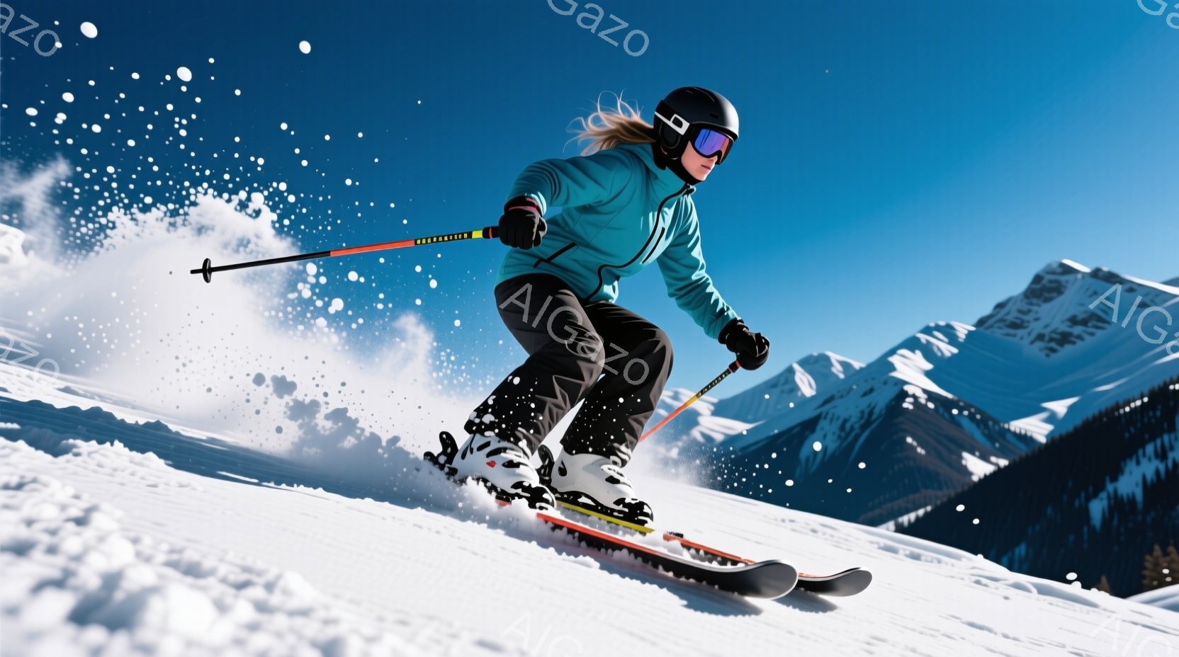 スキーヤーが雪山を高速で滑下している様子が捉えられています。彼女はターコイズブルーのスキーウェアに黒いズボン、そして白いブーツとゴーグルを着用し、金髪をゴーグルの下から少しだけ見せています。背景には雪 - AI生成フリー素材