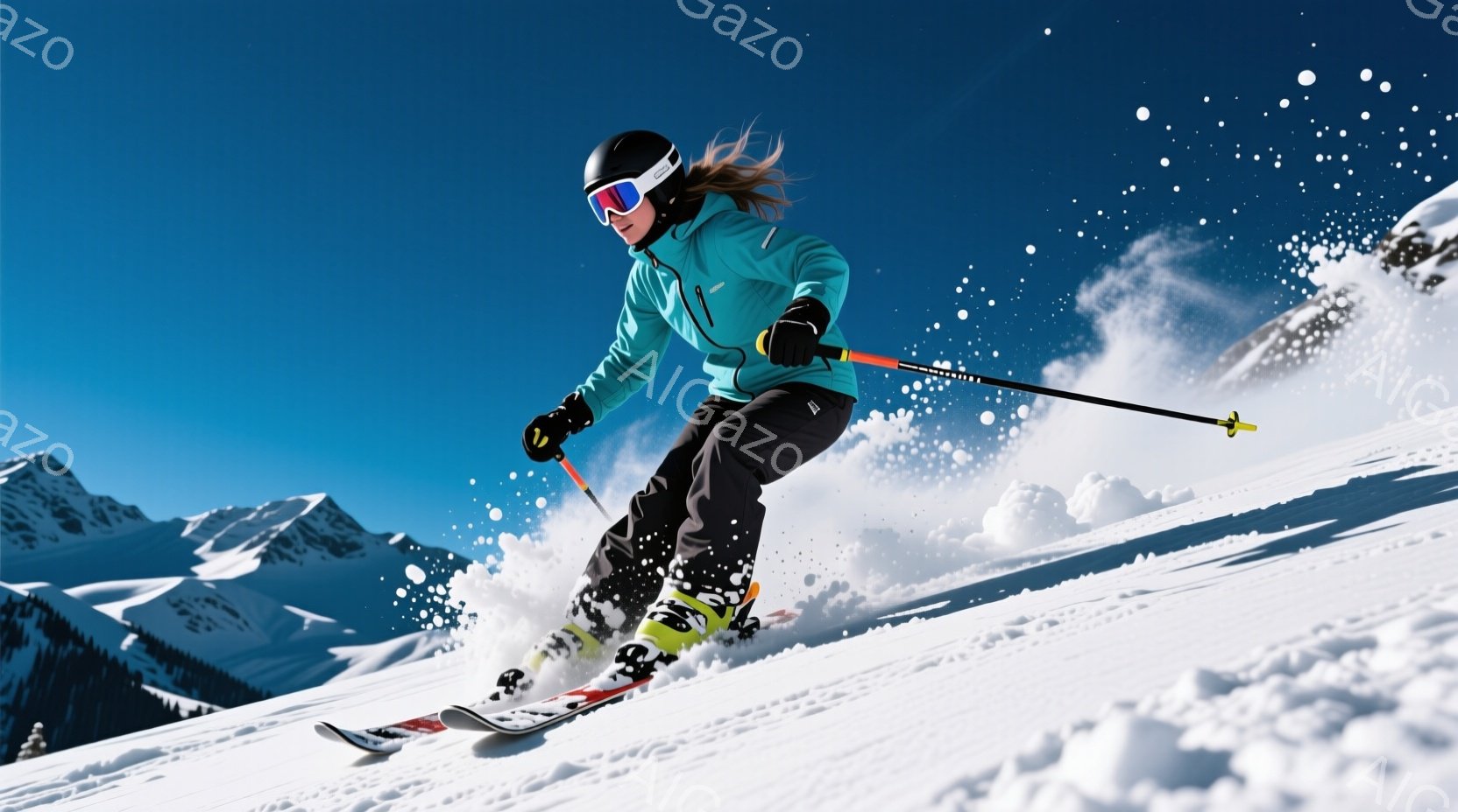 スキーヤーが雪山を滑降している様子が写っている。彼女はターコイズブルーのジャケット、黒いズボン、白と黄色のスキーブーツを着用し、ヘルメットとゴーグルで頭部を保護している。背景には雪をまとった山々が広が - AI生成フリー素材