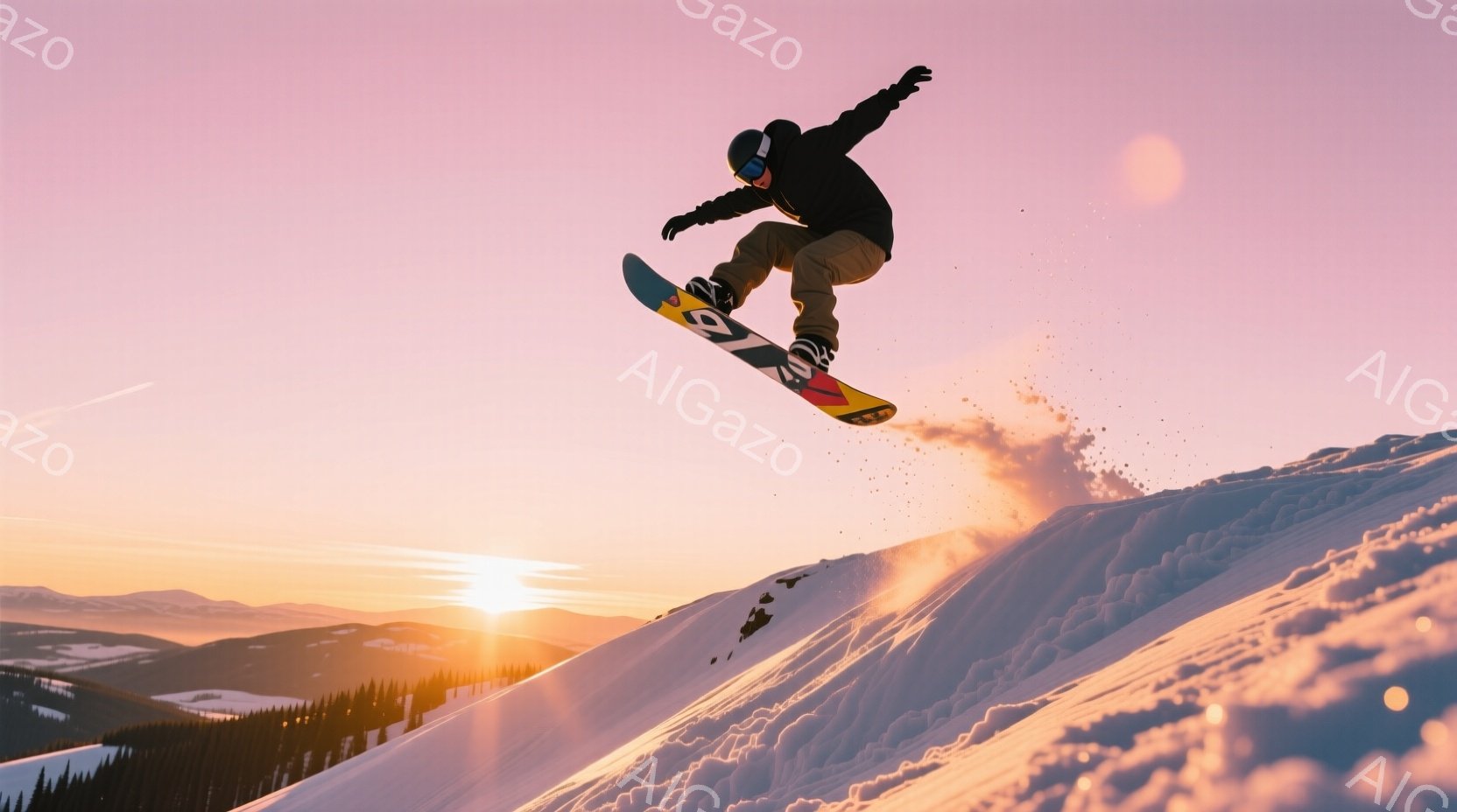 スノーボーダーが雪山でジャンプしている写真です。彼は黒いヘルメットとゴーグルを着用し、黒いアウターとズボンを身に着けています。背景には、夕焼けのオレンジ色とピンク色の空が広がり、遠くには雪を頂いた山々 - AI生成フリー素材