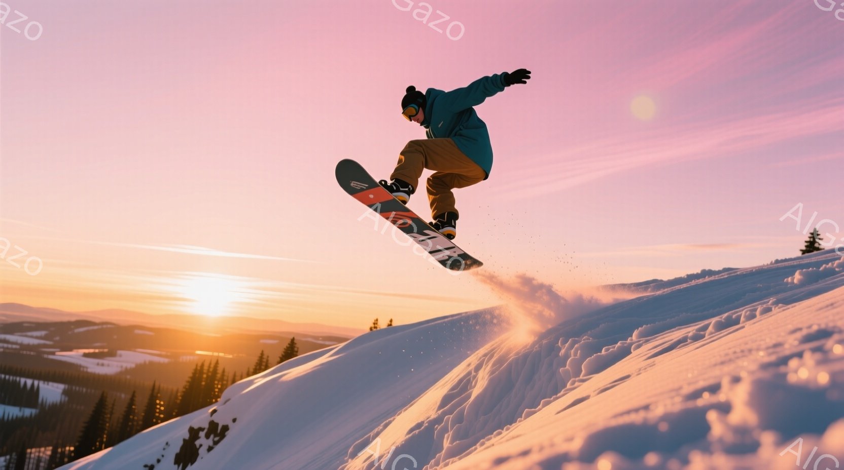 スノーボーダーが雪山でジャンプを決めている様子が捉えられています。彼はオレンジと黒のウェア、黒のヘルメットを着用し、空中でボードを操作しています。背景には、夕焼けに照らされた雪景色と遠くの山々が広がり - AI生成フリー素材