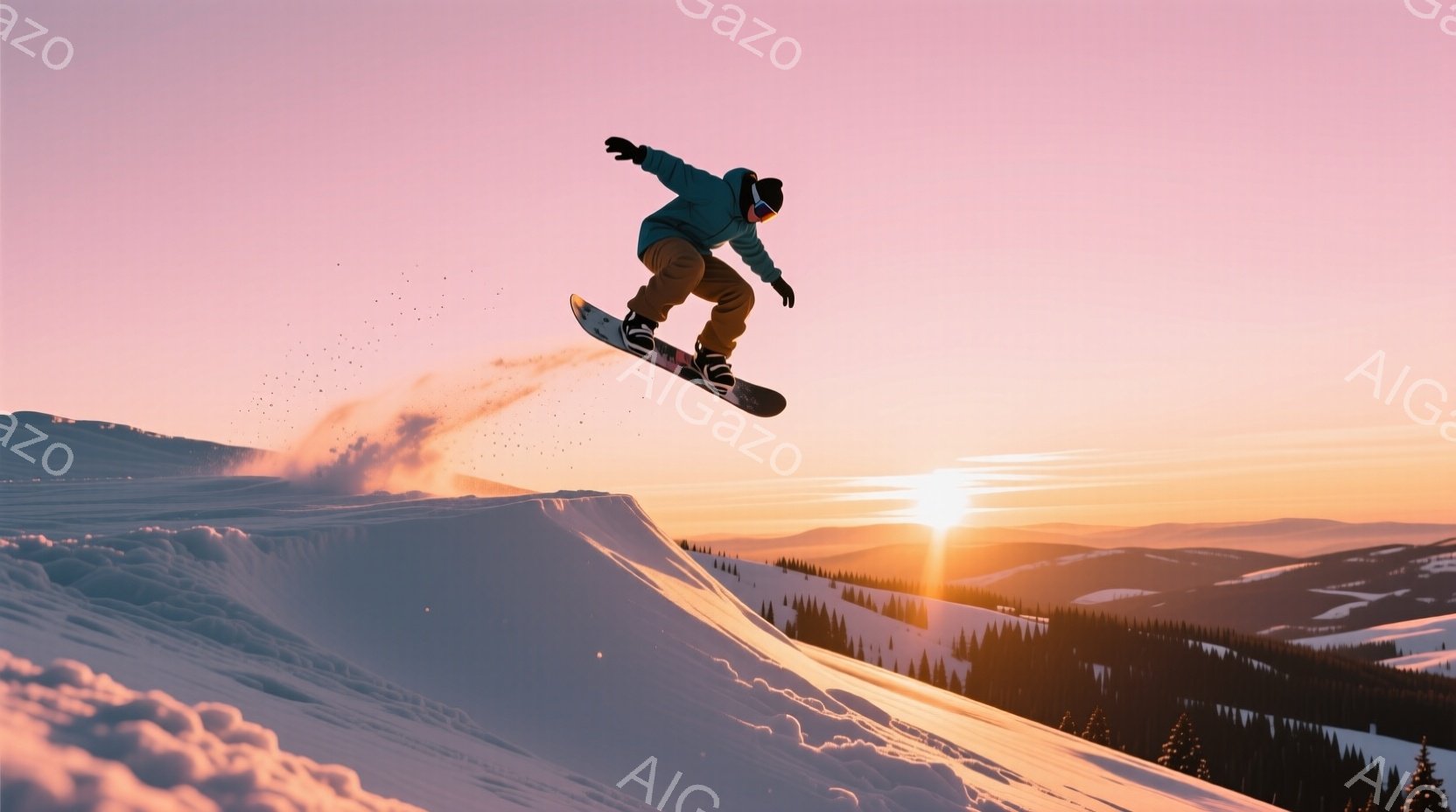 スノーボーダーは、雪の斜面で高くジャンプしており、鮮やかなオレンジと黄色の夕焼けが背景に見えます。彼は、黒いヘルメットとゴーグルを着用し、オレンジ色のズボンと緑色のジャケットを着ています。遠くには雪を頂いた山々と森林が広がり、夕焼け空と白い雪のコントラストが、ダイナミックで活気に満ちた雰囲気を醸し出しています。