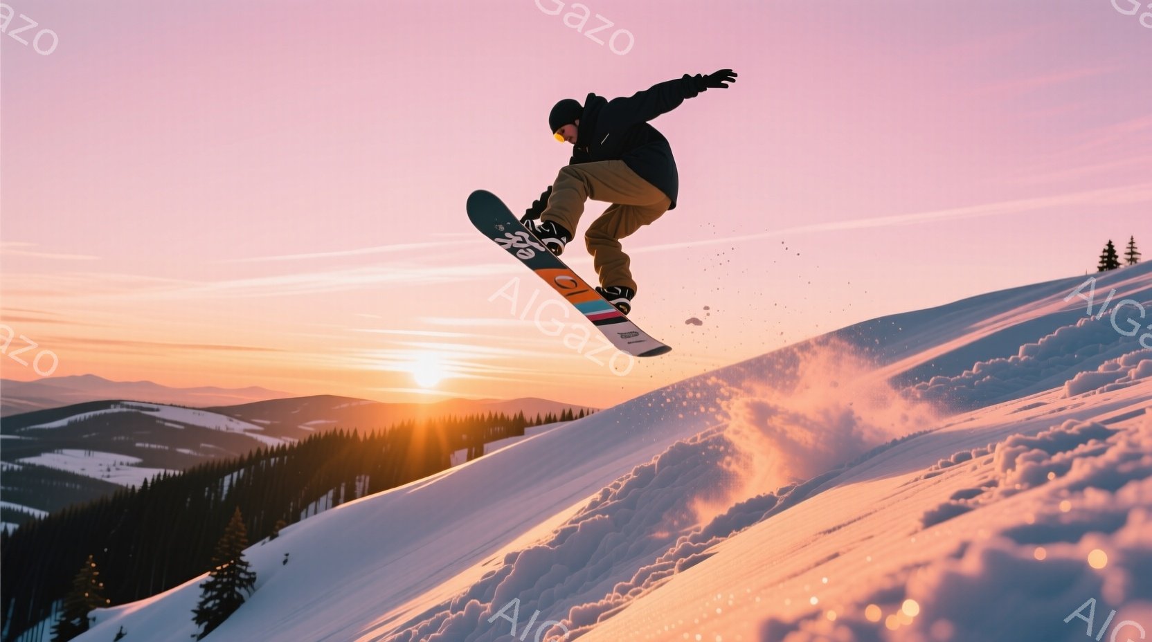スノーボーダーが雪山でジャンプを決めている様子が捉えられています。彼は黒いジャケットと茶色のズボンを着用し、ヘルメットを被っています。背景には、雪に覆われた山々と、夕焼けのようなオレンジとピンクの空が - AI生成フリー素材