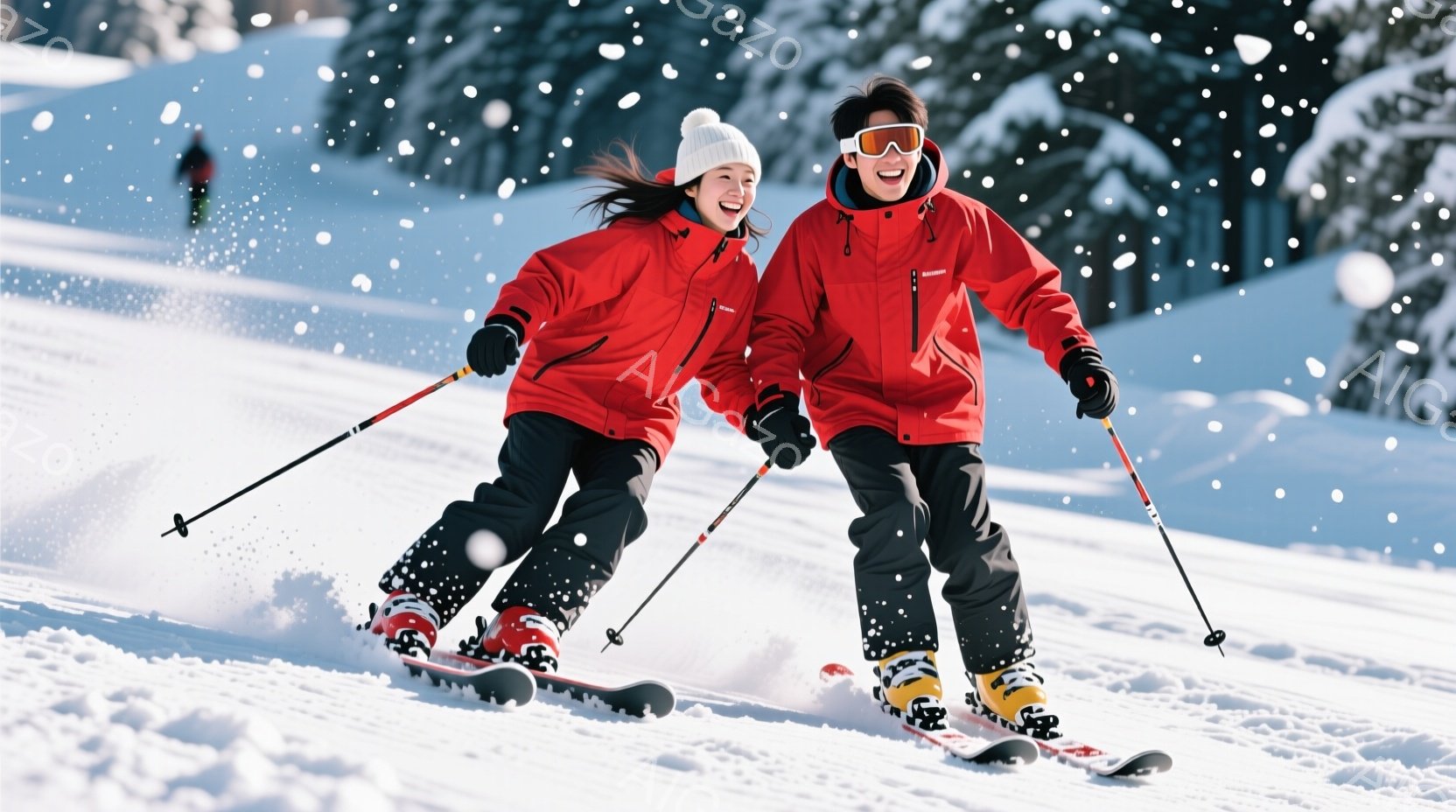 スキー場でスキーを楽しむ若い男女が写っています。彼らは赤いスキーウェアに身を包み、女性は白いニット帽を被っています。背景には雪景色が広がり、雪が舞う中、二人は笑顔でスピードに乗って滑っています。 - AI生成フリー素材