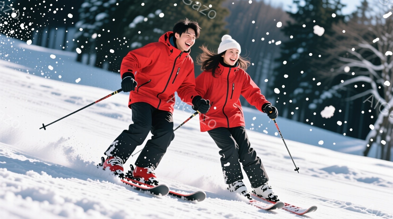 スキー場を滑走する男女が写っています。男性は黒い髪で笑顔を浮かべ、赤いスキーウェアと黒いズボンを着用しています。女性は白いニット帽をかぶり、長い髪を後ろでまとめており、同じく赤いスキーウェアと黒いズボ - AI生成フリー素材