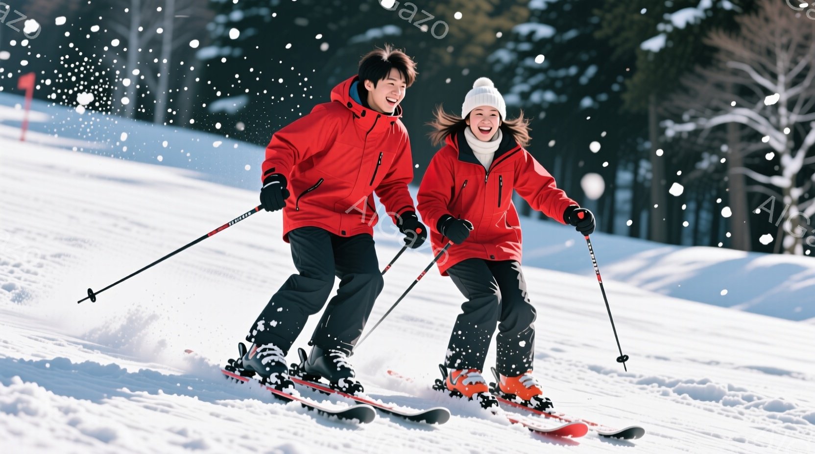 雪山をスキーで滑走する若い男女が写っています。男性は黒髪で、赤いスキーウェアと黒のズボンを着用し、笑顔を浮かべています。女性は茶色の髪を頭上にまとめ、白いニット帽をかぶり、同じく赤いスキーウェアと黒の - AI生成フリー素材