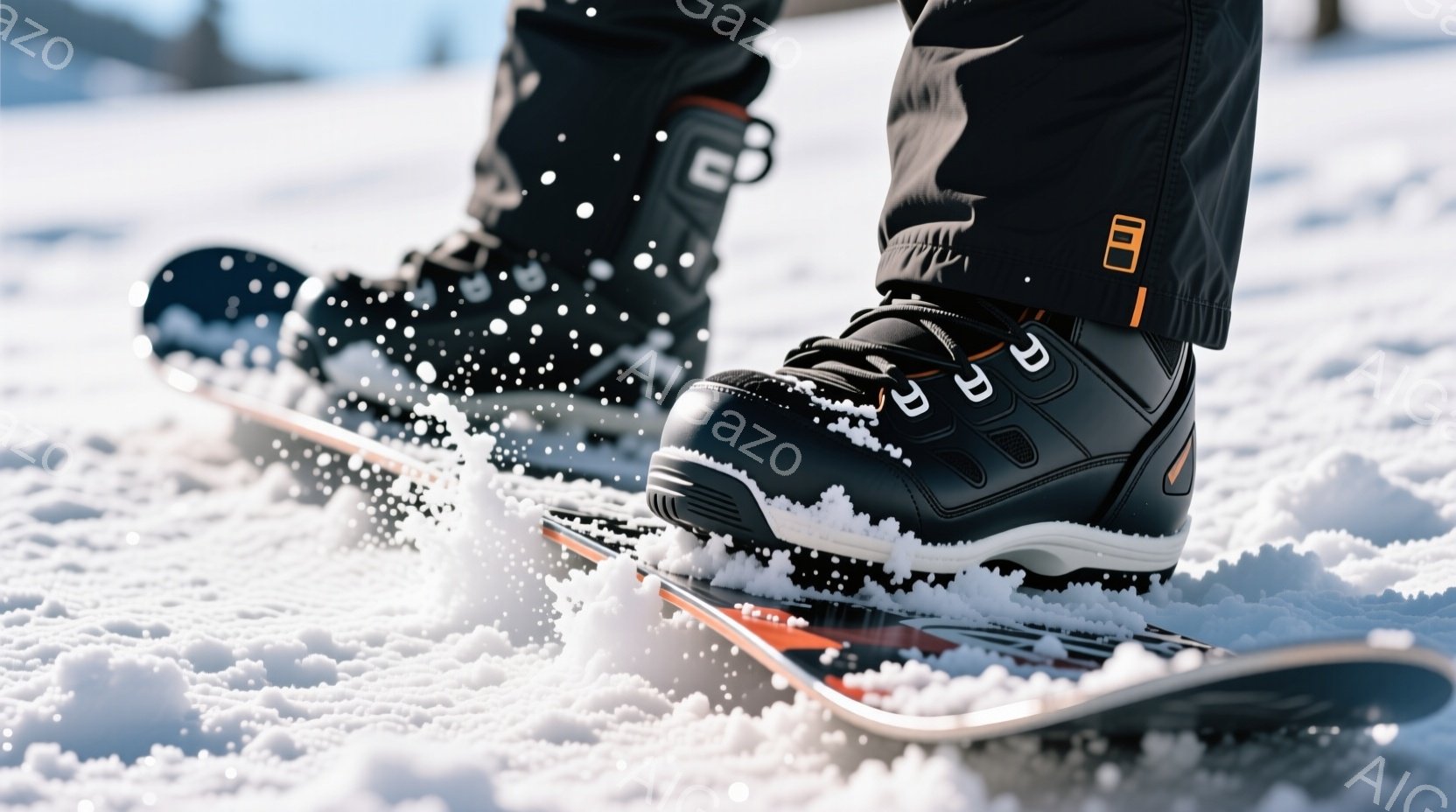 スノーボードのブーツとボードが雪の上に写っています。ブーツは黒色で、オレンジ色のラインが入ったデザインです。雪はふわりと積もり、ボードの周りに舞い上がっています。
