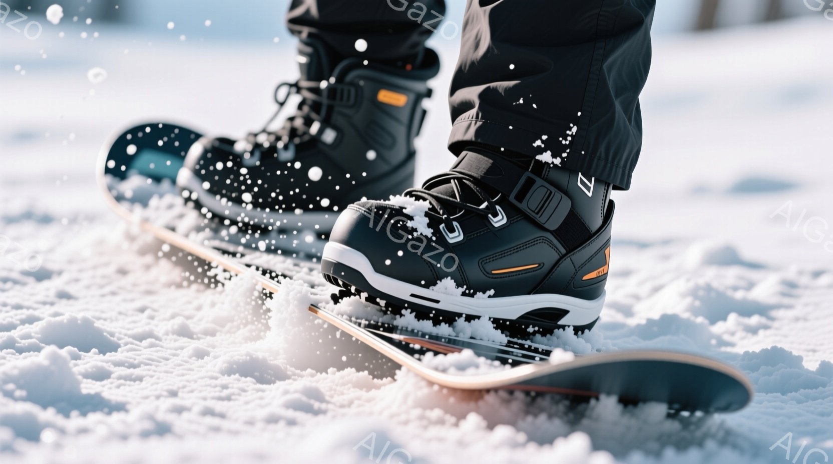 雪の上にスノーボードが置かれ、ブーツを履いた足がしっかりと固定されています。ブーツは黒を基調としたデザインで、オレンジ色のアクセントが入っており、雪が舞う中で鮮やかなコントラストを描いています。背景は - AI生成フリー素材