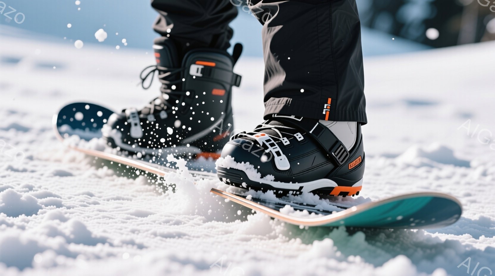 雪の上にスノーボードが置かれ、黒いスキーブーツがしっかりと固定されています。ブーツは白とオレンジのアクセントがあり、雪の粒子が舞い上がって動感を与えています。背景はぼやけた雪景色で、冬の活気あるアクティビティを連想させます。