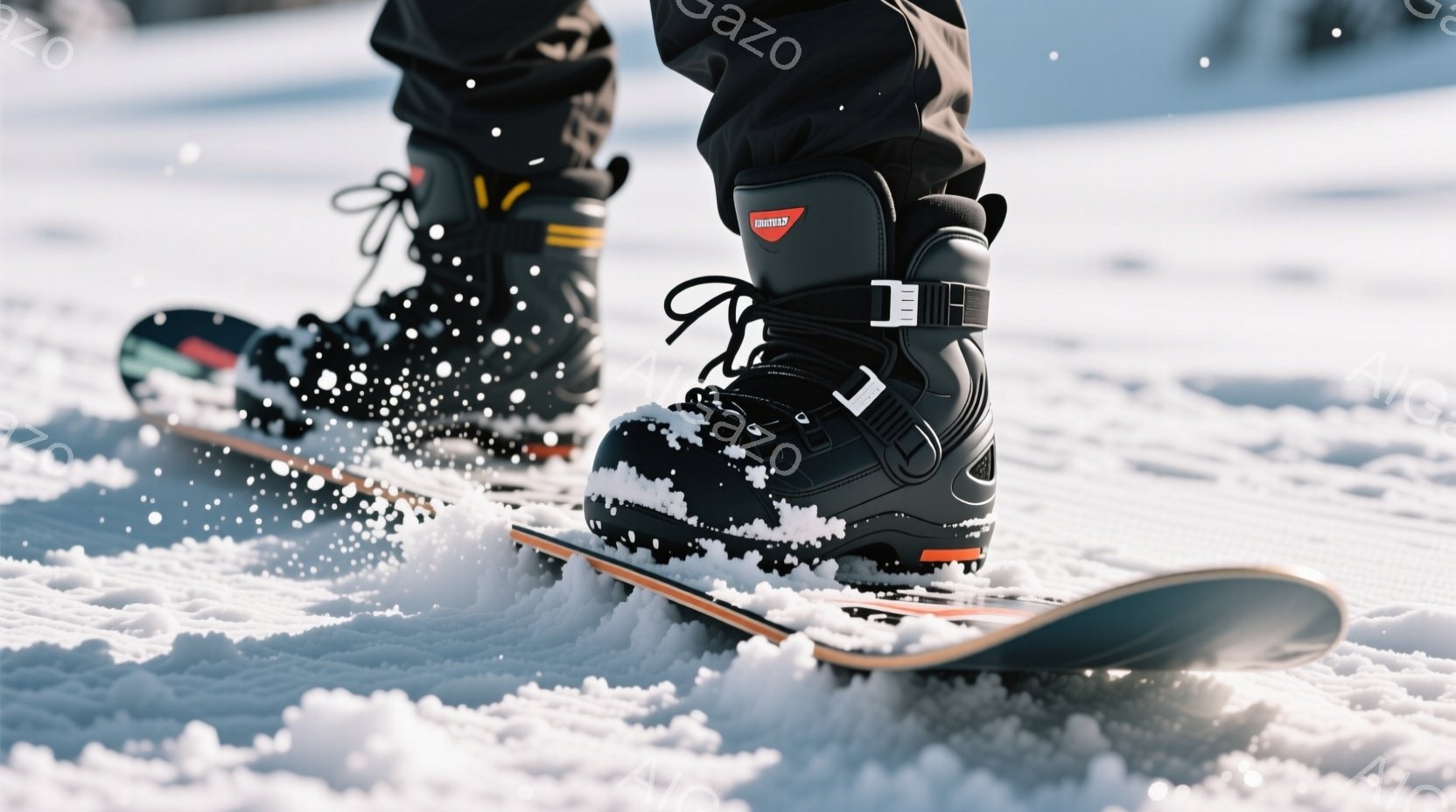 雪の上にスノーボードが置かれ、黒いブーツが映っています。ブーツは締まっており、雪が舞い上がって粉雪の跡が見られます。背景は白く、雪景色が広がり、冬のスキー場の雰囲気です。