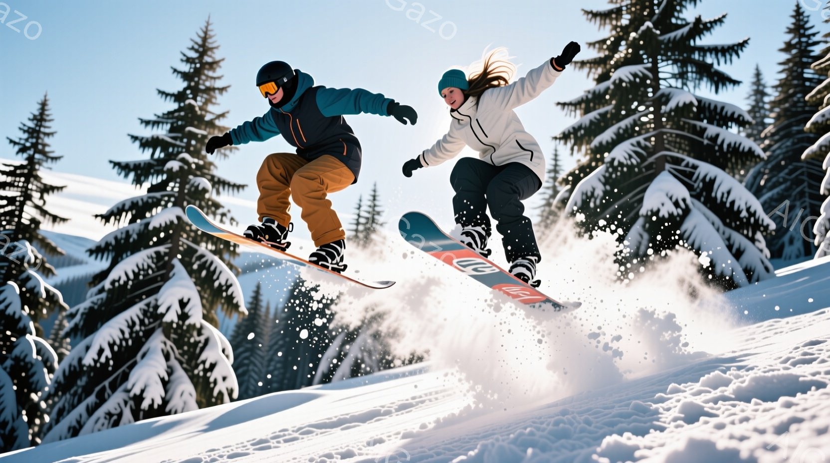 雪山をスノーボードでジャンプする男女が写っています。男性はオレンジ色のズボンに濃い青色のジャケット、女性は白いジャケットに黒いズボンを着用しており、共にヘルメットを被っています。背景には雪に覆われた針 - AI生成フリー素材