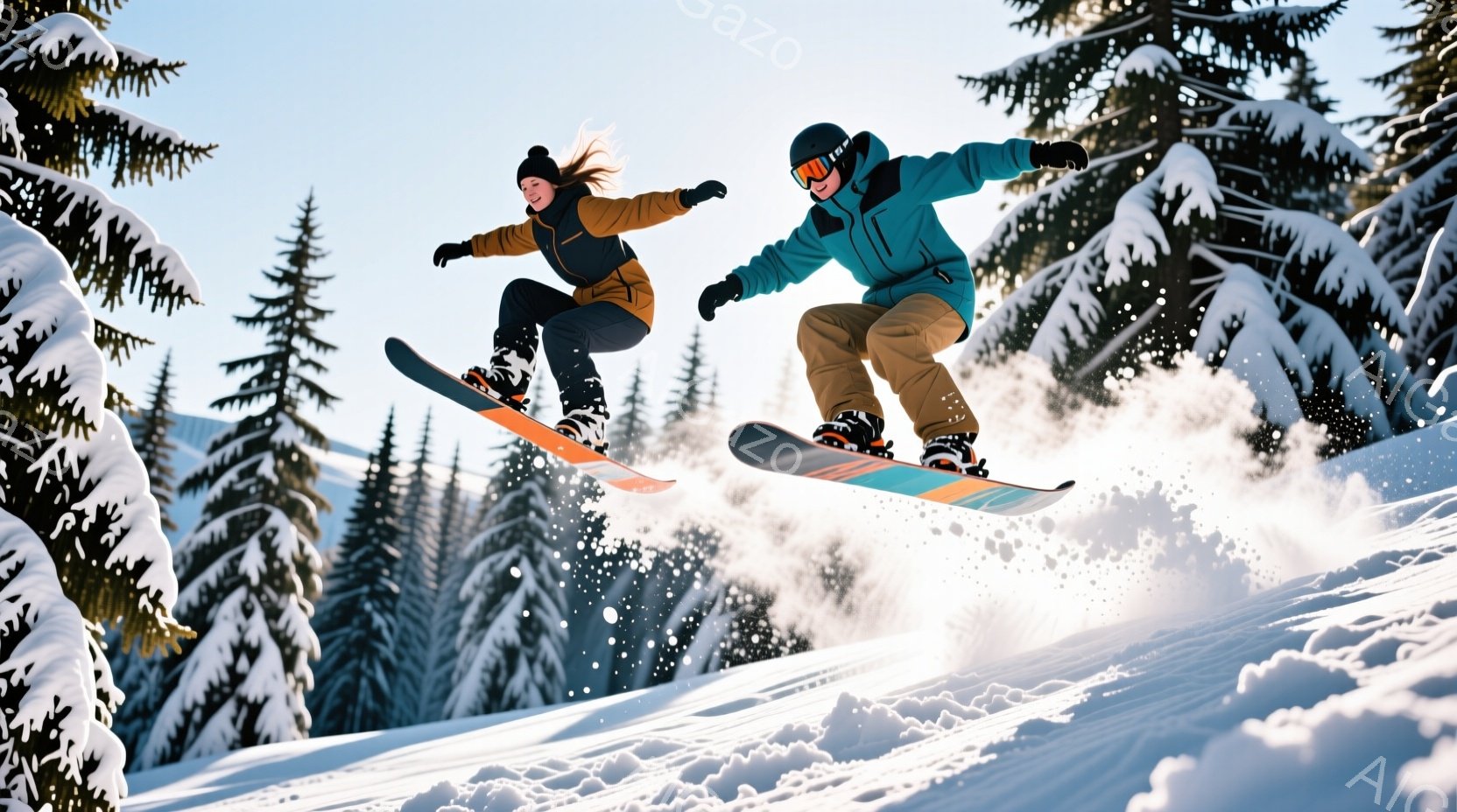 雪山でスノーボードを楽しむ男女が写っている。女性は茶色の髪を後ろで結び、紺色のジャケットと黒いズボンを着用し、空中でジャンプしている。男性はターコイズブルーのジャケットとベージュのズボンを着用し、ゴーグルをかけ、同じく空中でスノーボードに乗っている。背景には雪をまとった針葉樹林が広がり、晴天の青空が広がっている。