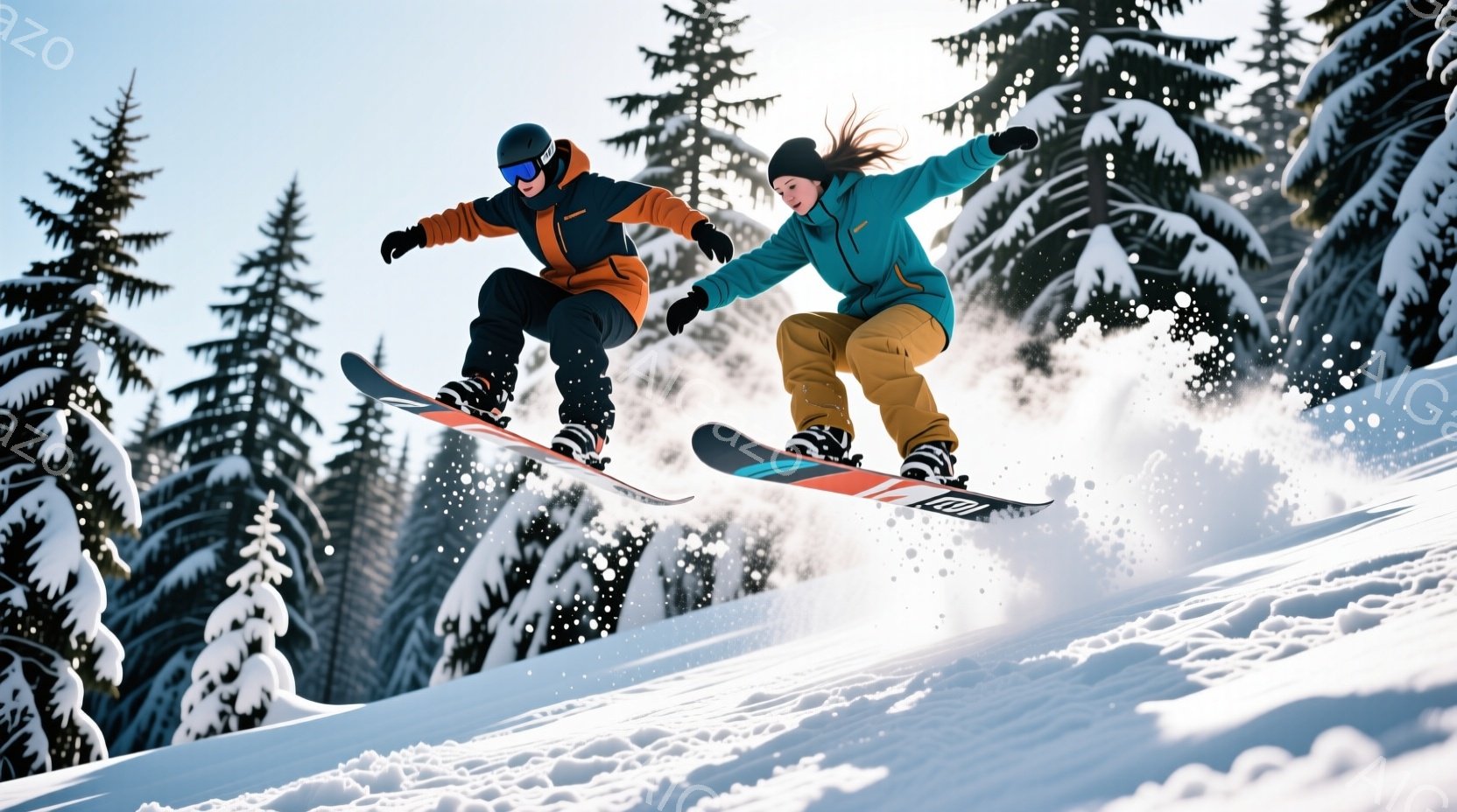 雪山をスノーボードでジャンプする男女が写っている。男性はオレンジと黒のウェア、ヘルメットを着用し、女性はターコイズブルーのウェアとロングヘアを後ろで束ねている。背景には雪をまとった針葉樹林が広がり、晴 - AI生成フリー素材